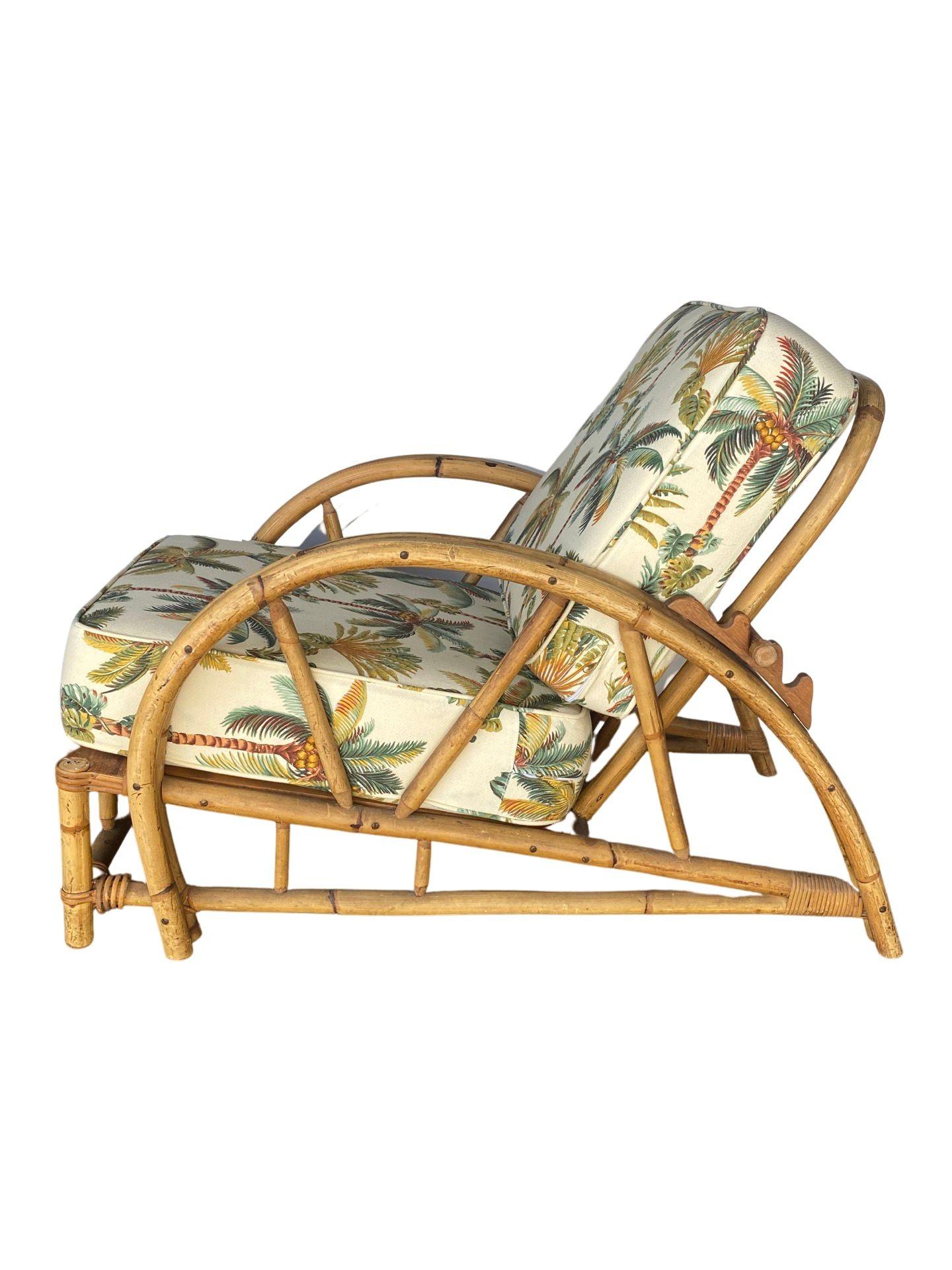 Restored 2-Strand Half Moon Rattan Lounge Chair w/ Adjustable Back & Ottoman For Sale 1