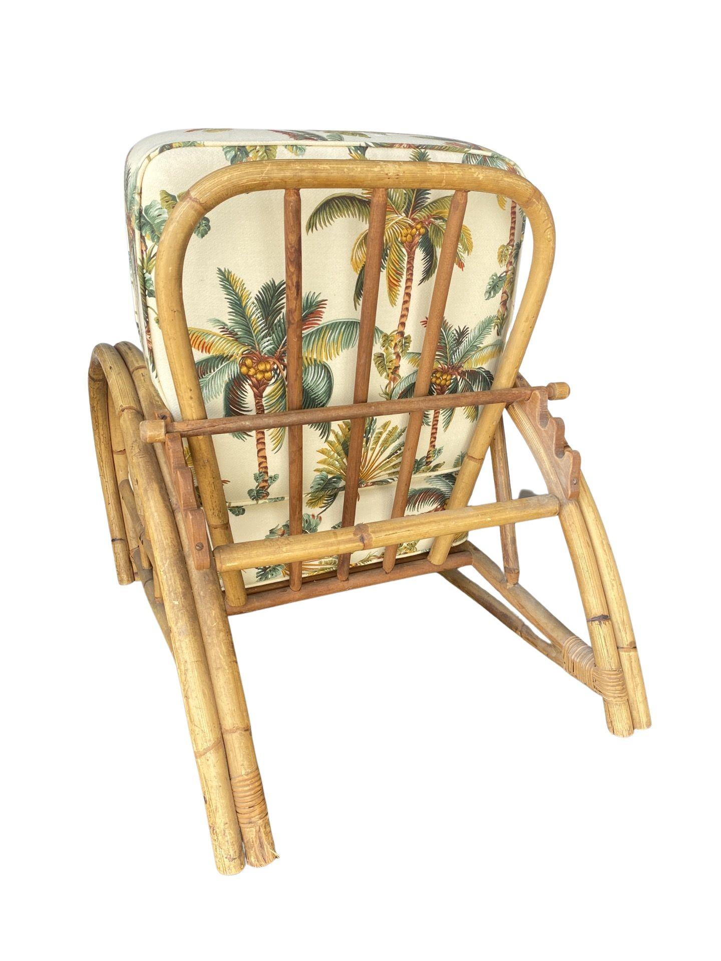 Restored 2-Strand Half Moon Rattan Lounge Chair w/ Adjustable Back & Ottoman For Sale 2