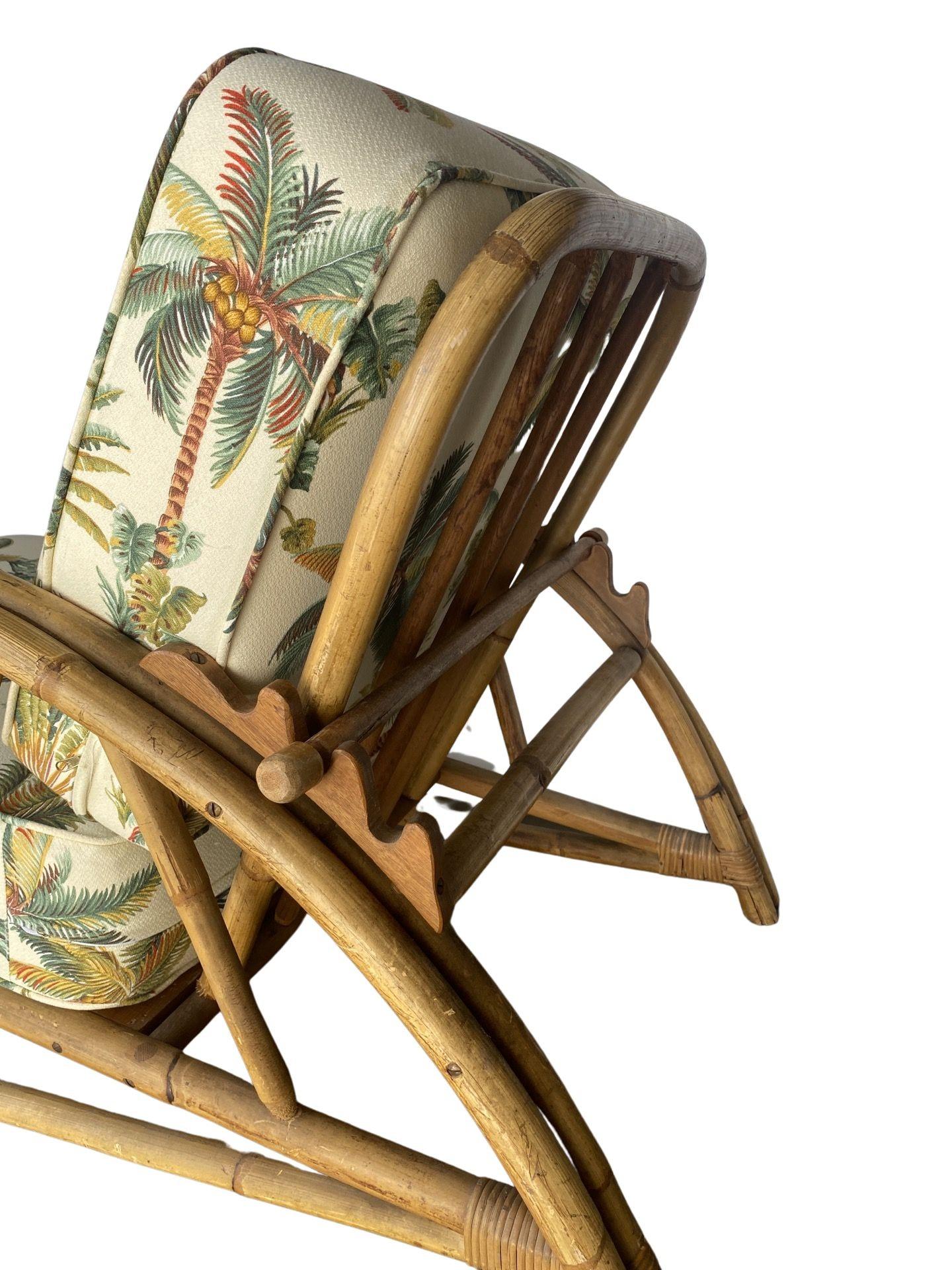 Restored 2-Strand Half Moon Rattan Lounge Chair w/ Adjustable Back & Ottoman For Sale 3
