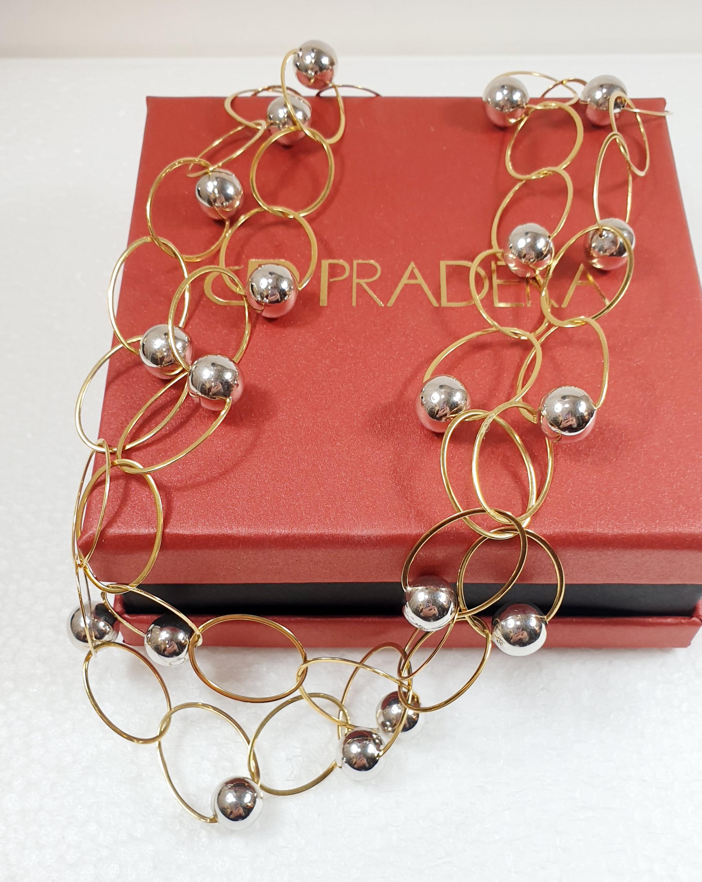Women's or Men's Two-Strand Necklace in Yellow Gold with White Gold Balls For Sale