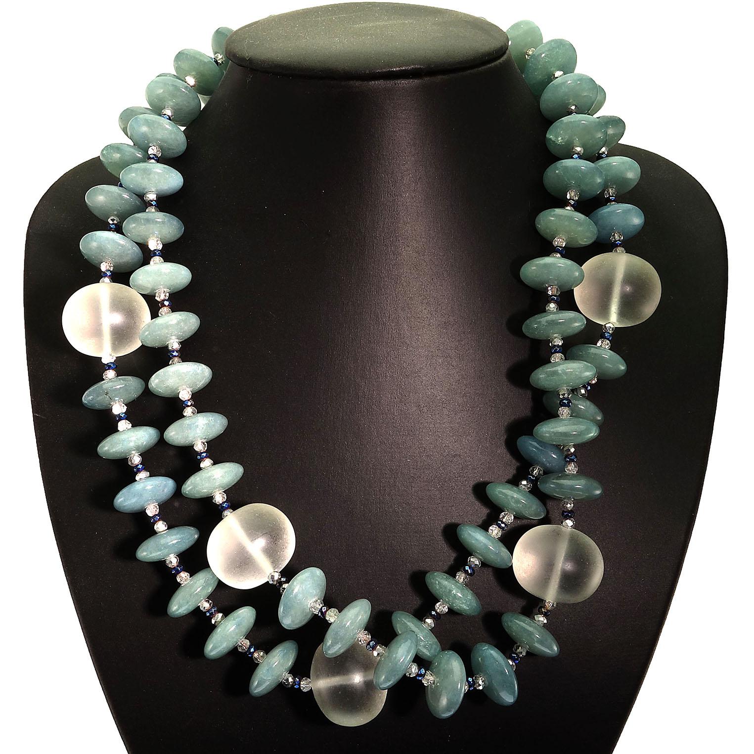 Bead AJD 20 Inch Necklace of Aquamarine Accented with Frosted Quartz March Birthstone