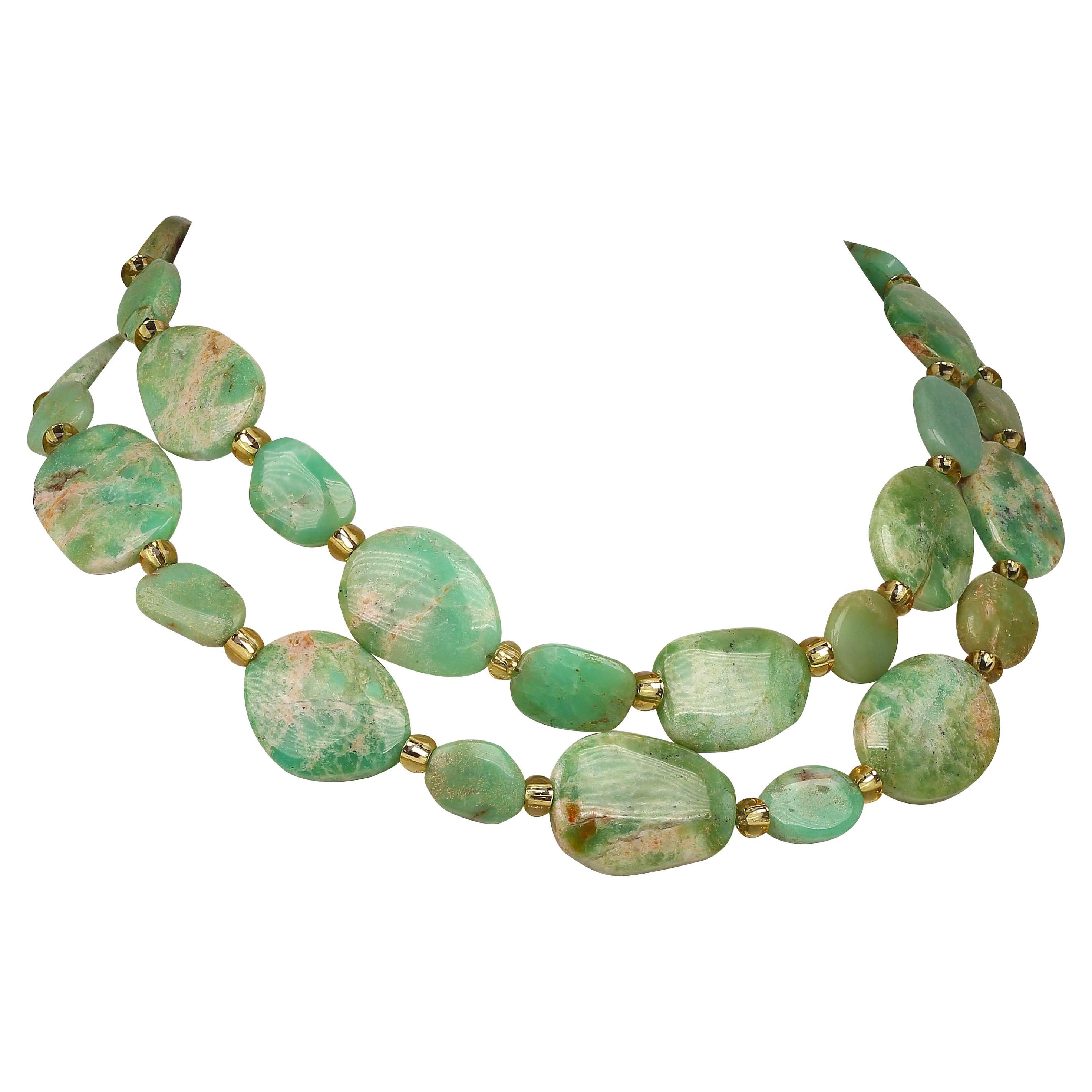  Two-Strand Necklace of Flat Polished Chrysoprase Uneven Pieces