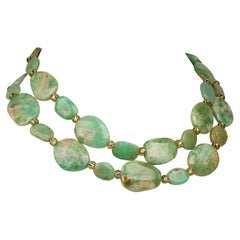 Two-Strand Necklace of Flat Polished Chrysoprase Uneven Pieces