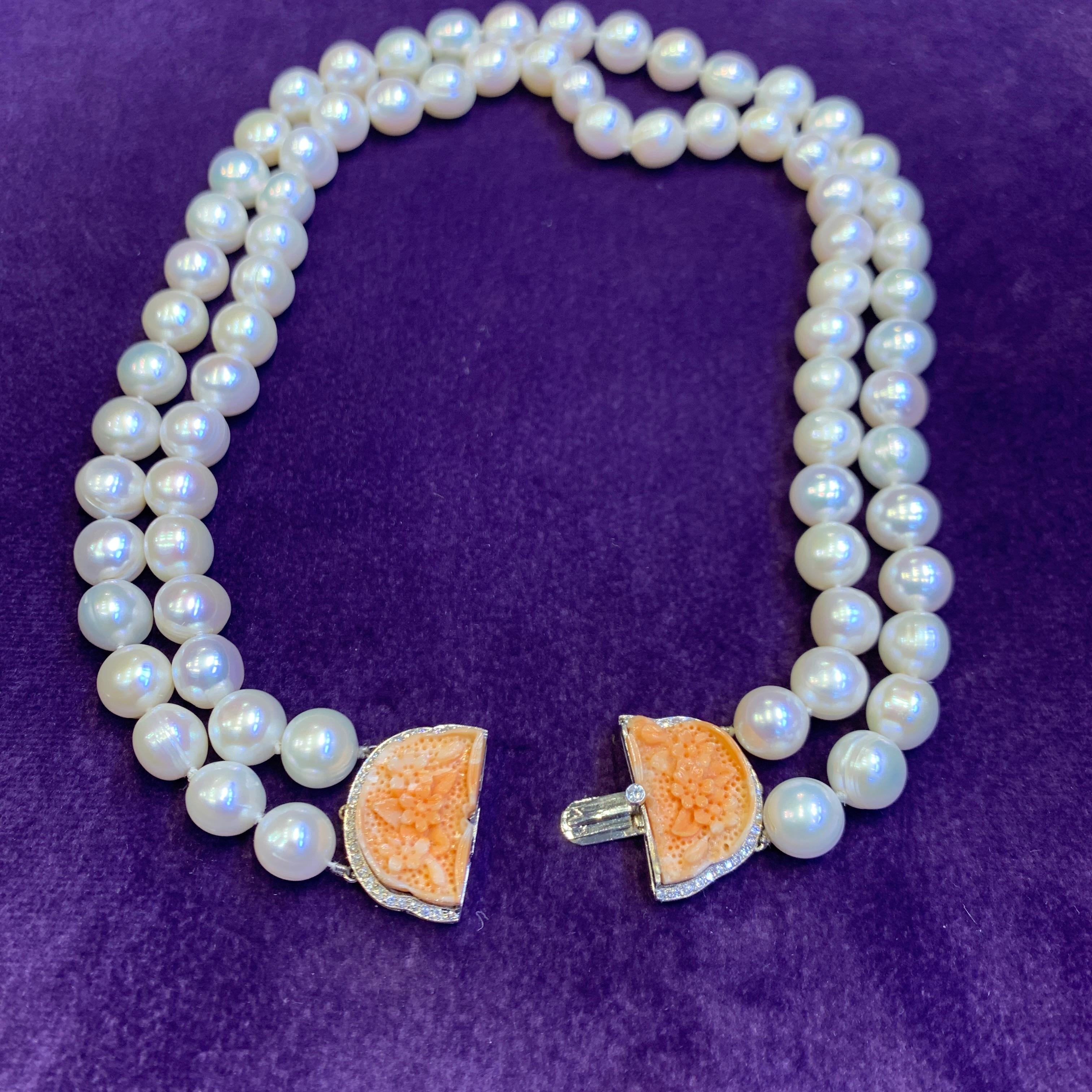 Two Strand Pearl & Carved Coral Necklace For Sale 8
