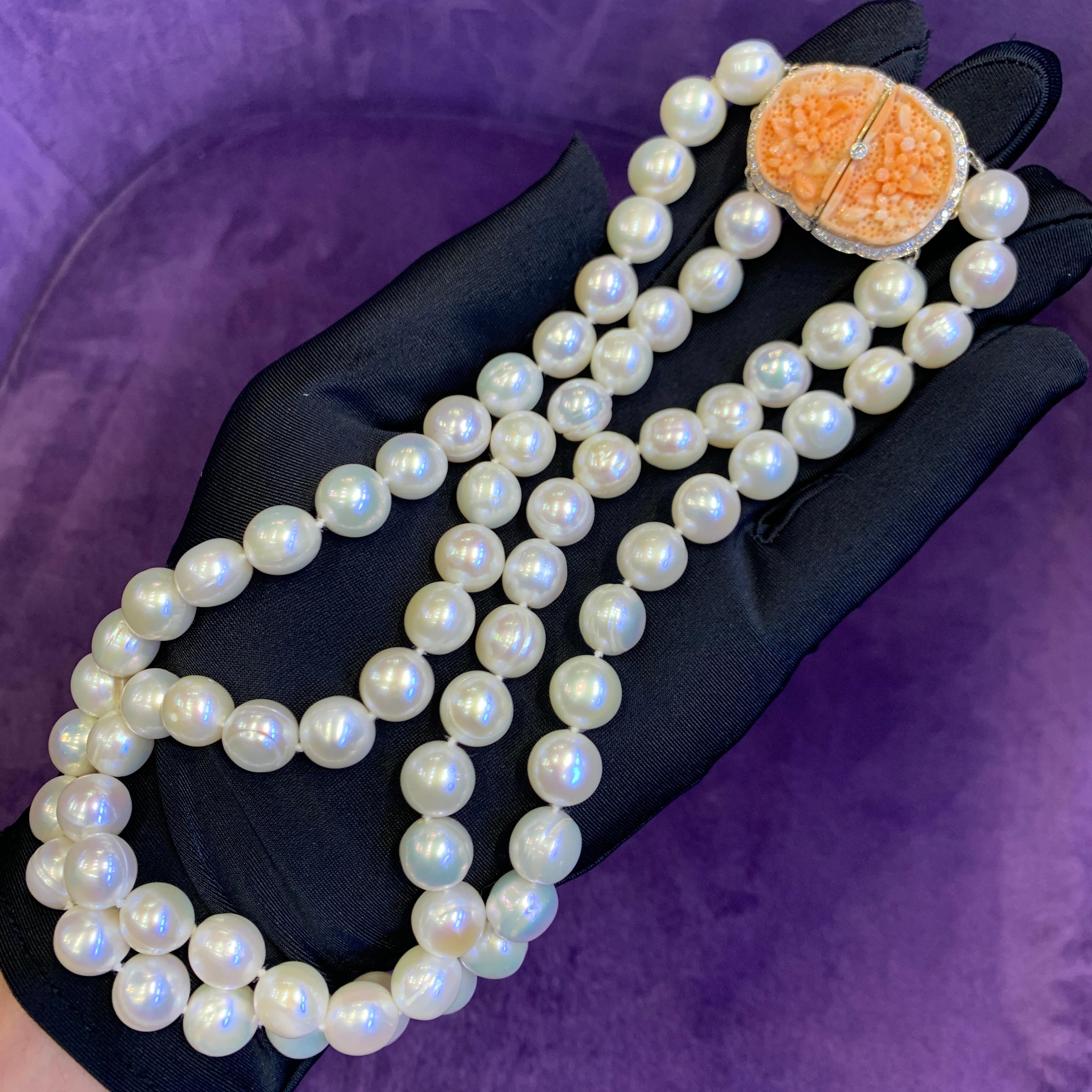 Two Strand Pearl & Carved Coral Necklace For Sale 1