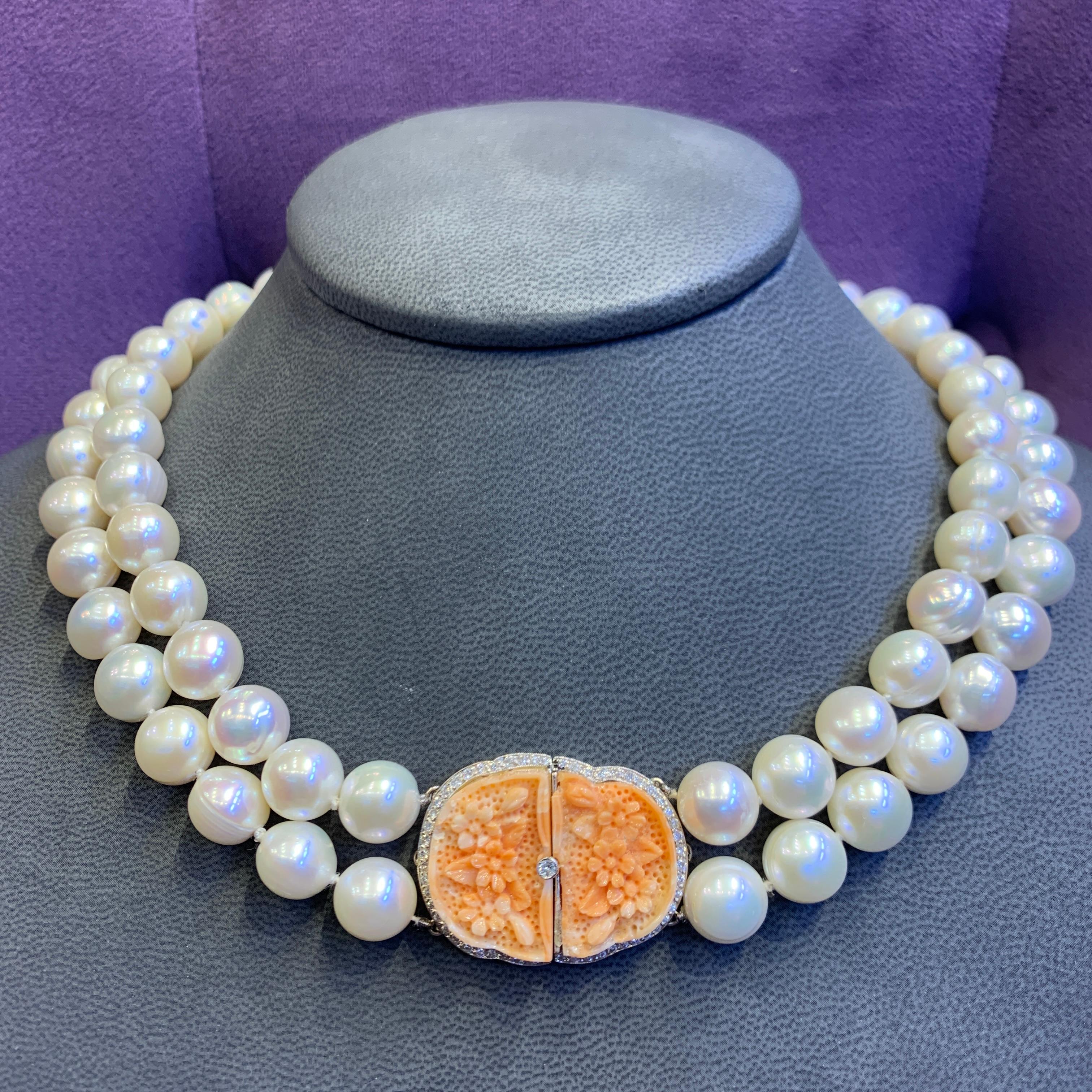 Two Strand Pearl & Carved Coral Necklace For Sale 3