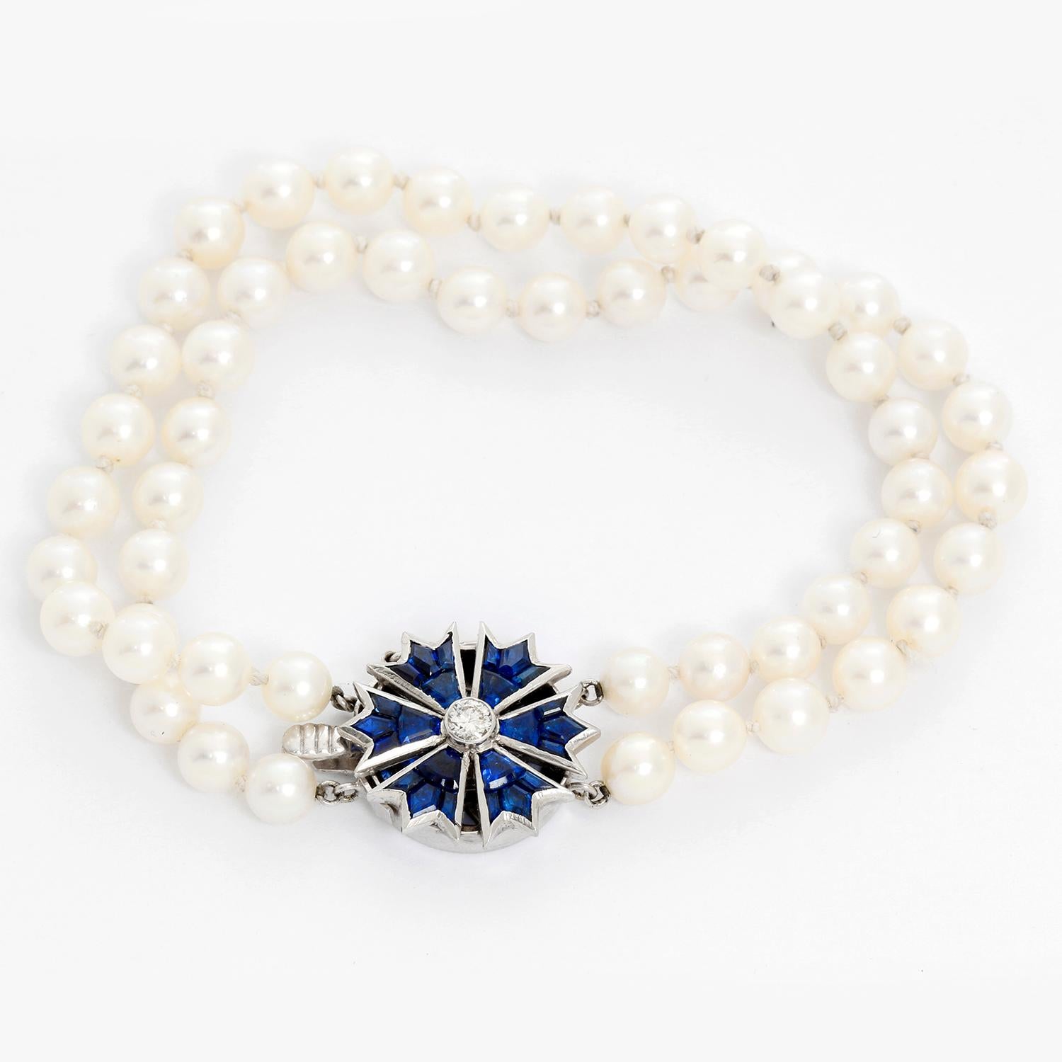 Women's or Men's Two-Strand Pearl and Sapphire Bracelet