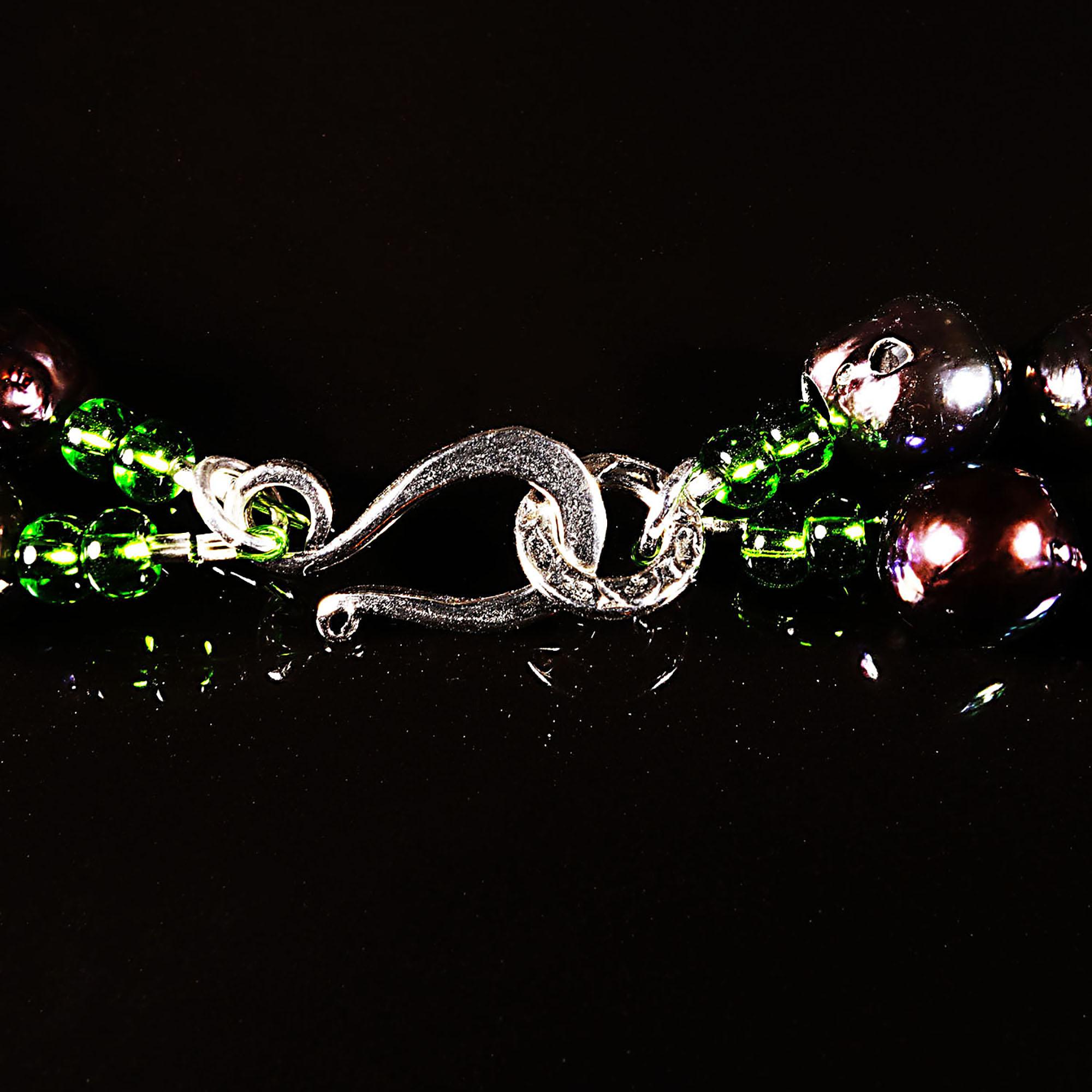 AJD Two Strand Purple Pearl Necklace Bright Green Accents June Birthstone In New Condition In Raleigh, NC