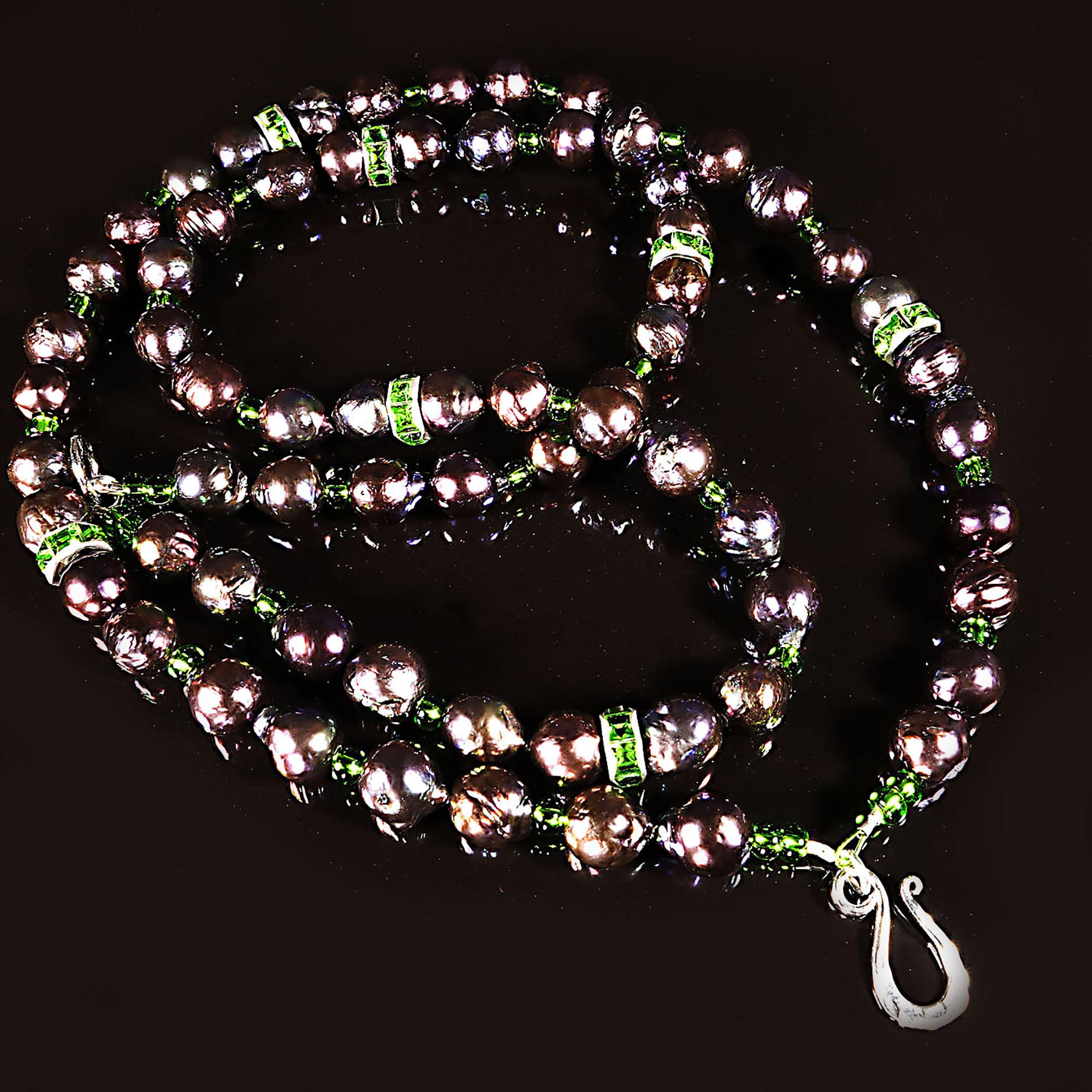 Women's or Men's AJD Two Strand Purple Pearl Necklace Bright Green Accents June Birthstone