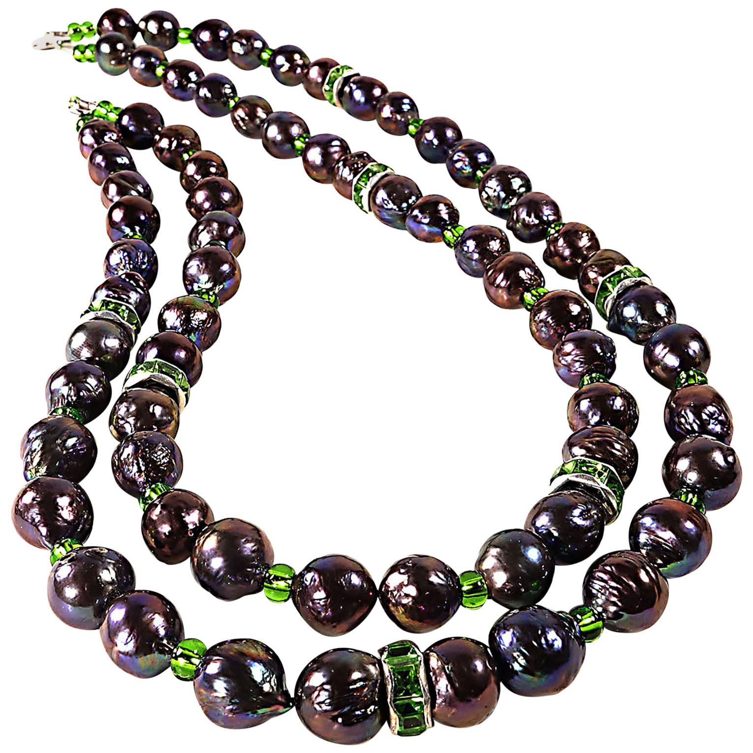 AJD Two Strand Purple Pearl Necklace Bright Green Accents June Birthstone 1