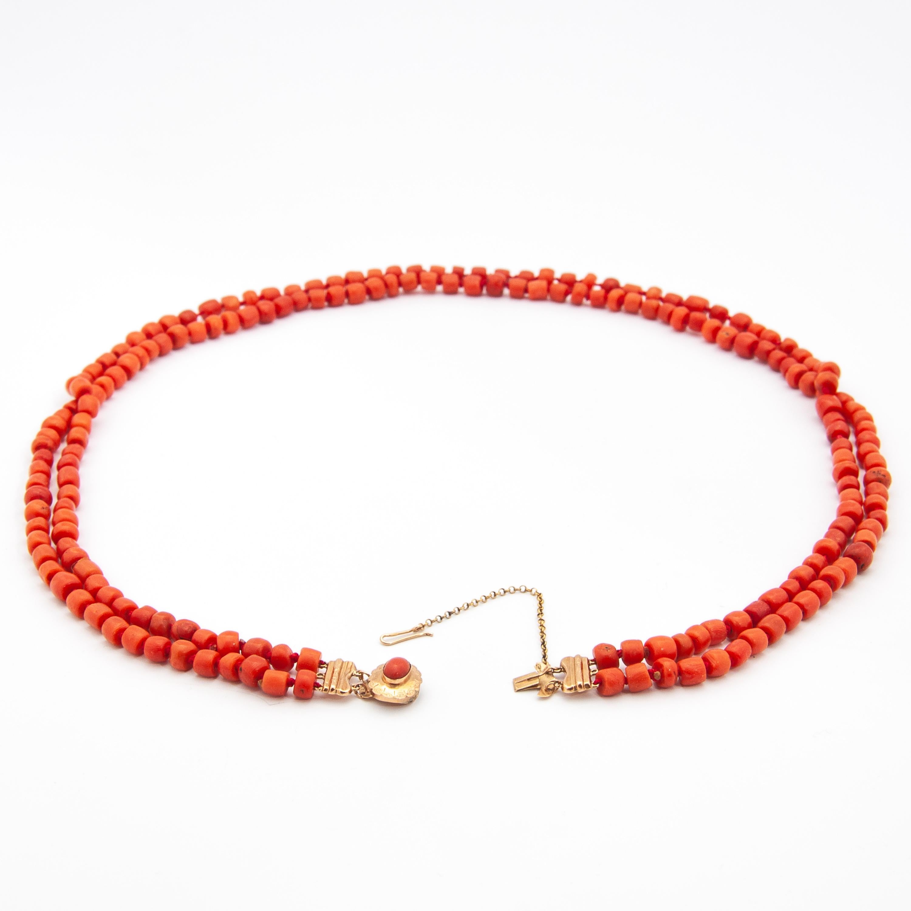  Red Coral 14 Karat Yellow Gold Multi-Strand Beaded Necklace 1