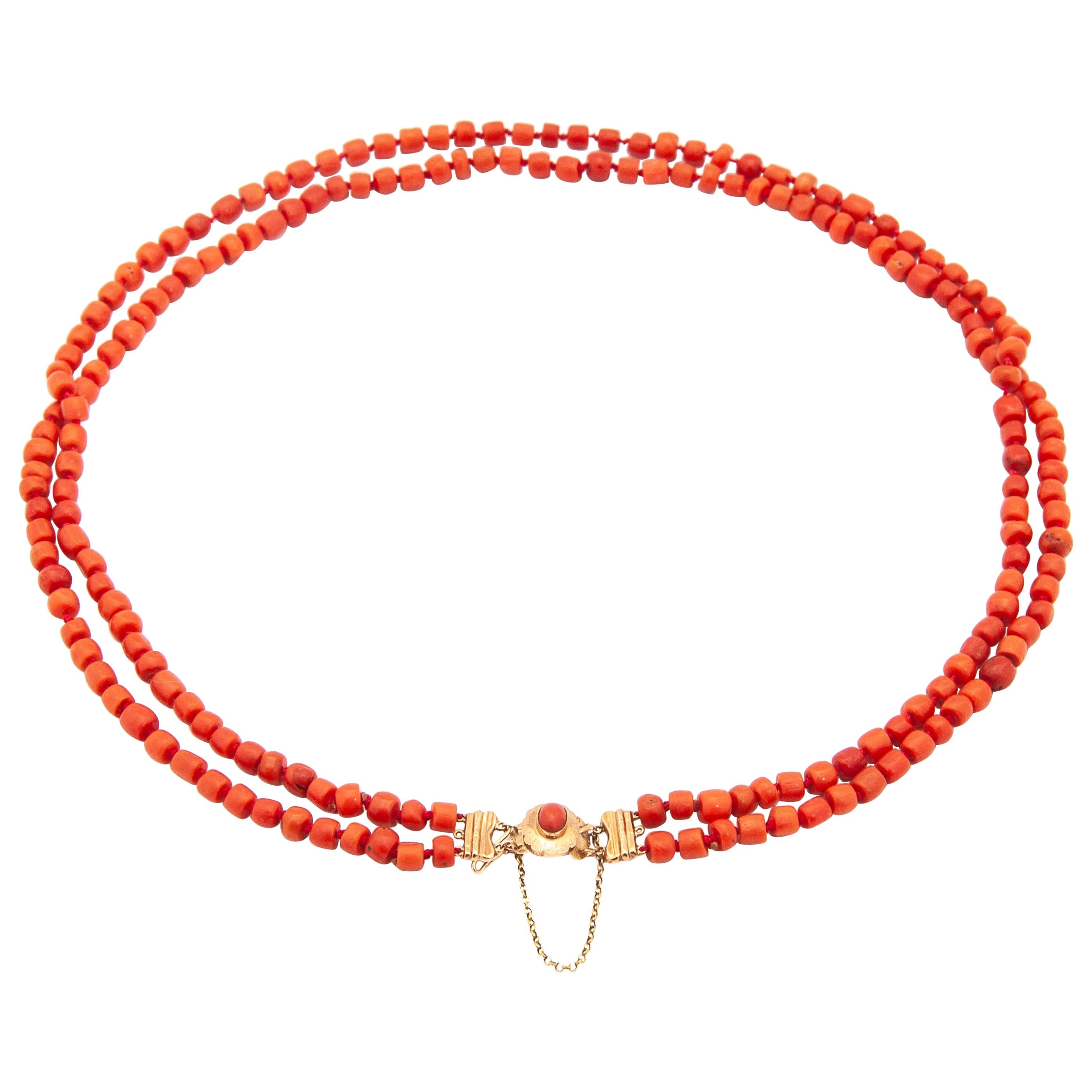 Red Coral 14 Karat Yellow Gold Multi-Strand Beaded Necklace