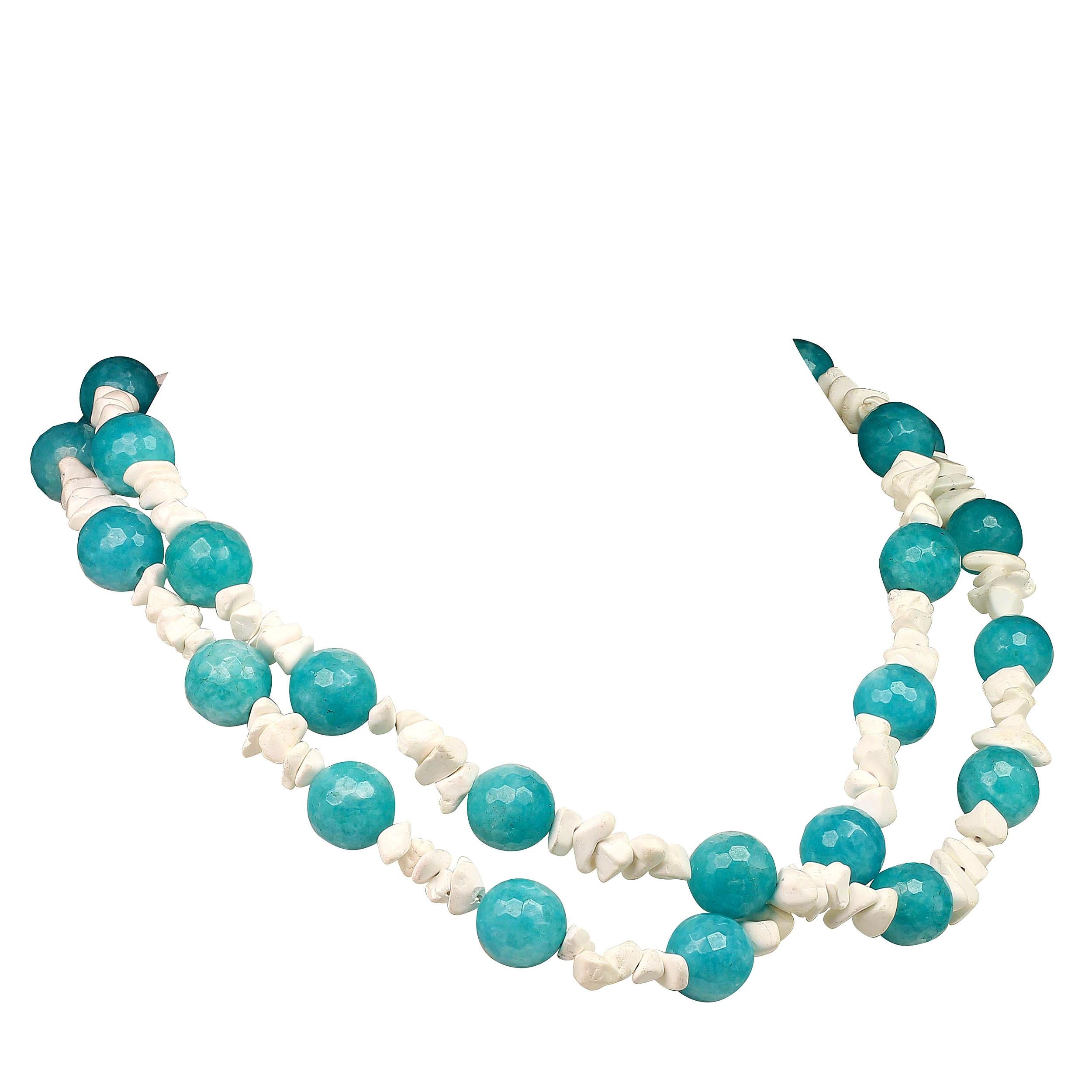 AJD 19 Inch Two Strands Blue Agate Balls and White Magnesite necklace 