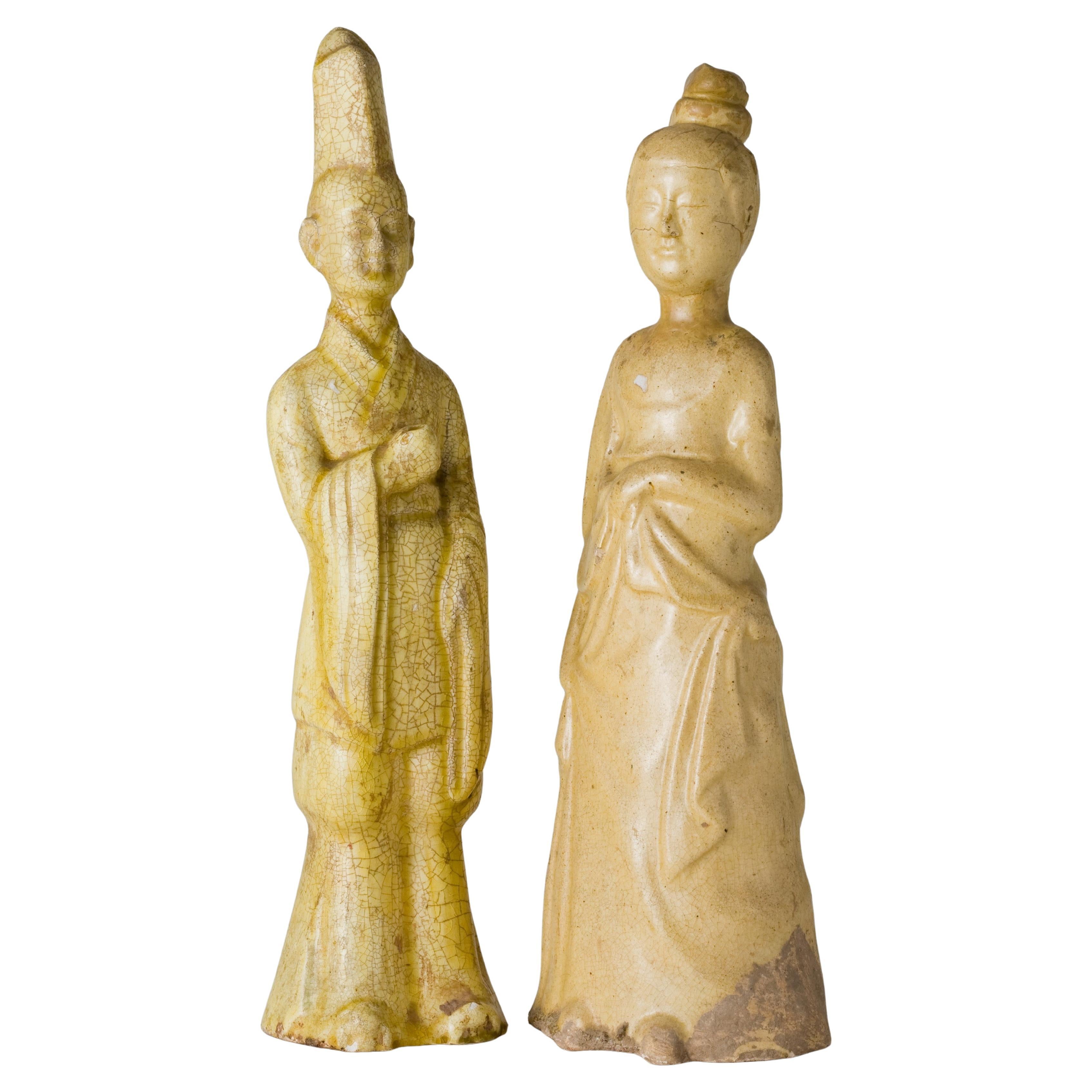 Two Straw-Glazed Pottery Figures of Court Male and Female, Sui-Tang dynasty