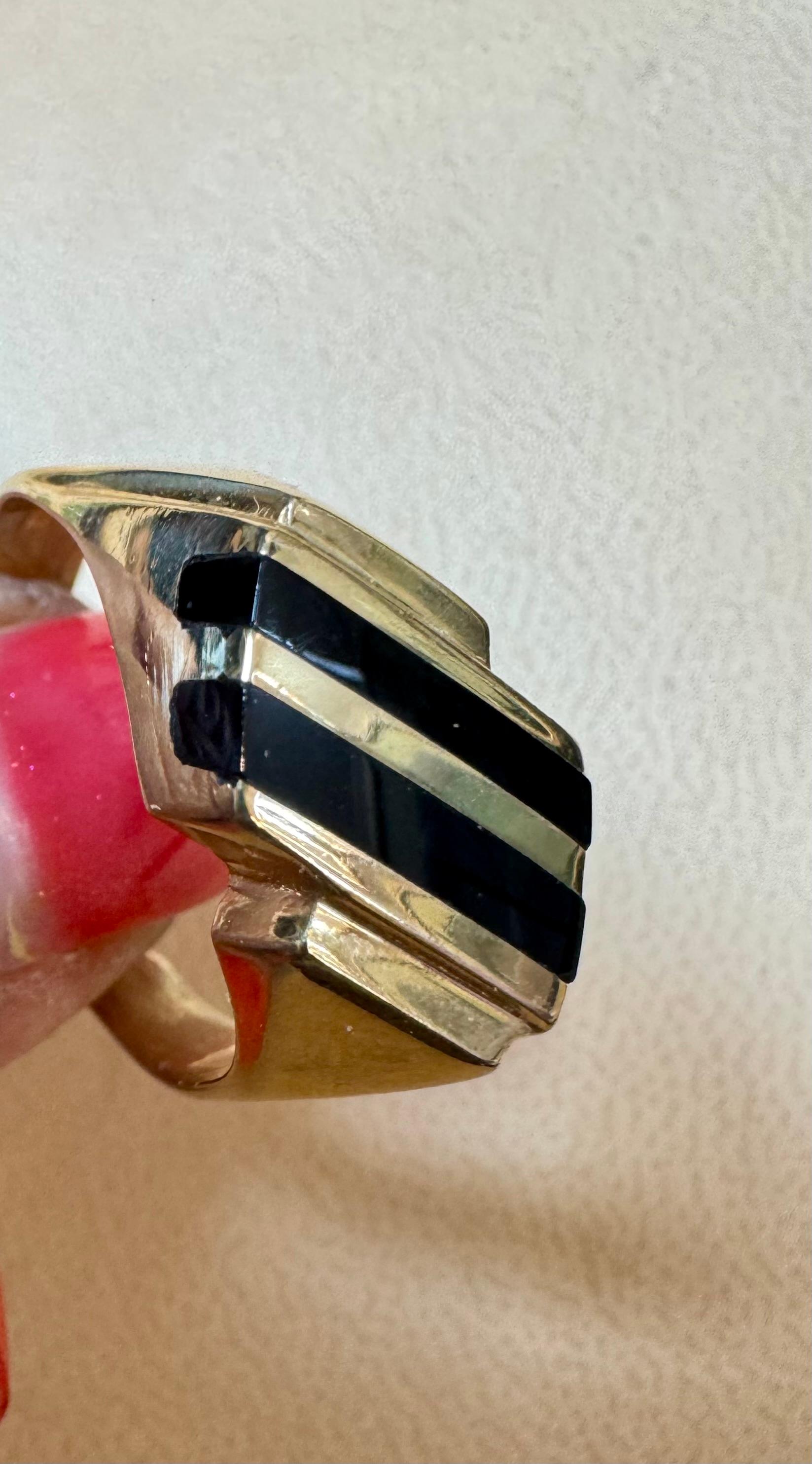 Two Stripes Noir Onyx Hommes  Bague jaune 14 carats  Or, Taille 11, UNISEX Excellent état - En vente à New York, NY