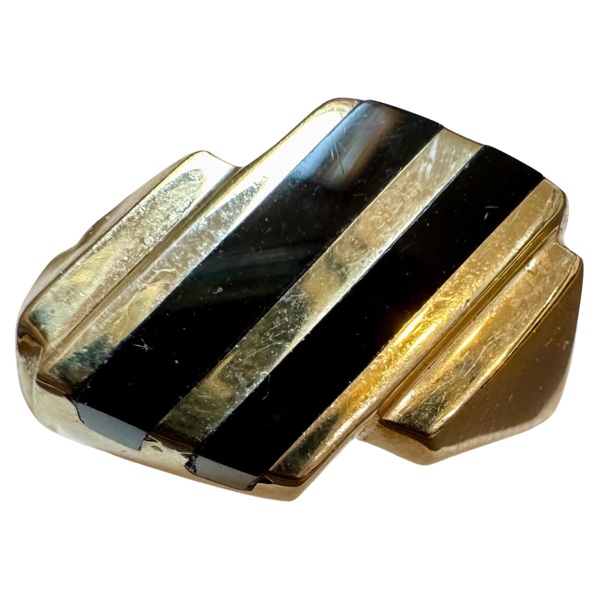 Two Stripes Black Onyx Men's  Ring 14 Karat Yellow  Gold, Size 11, UNISEX