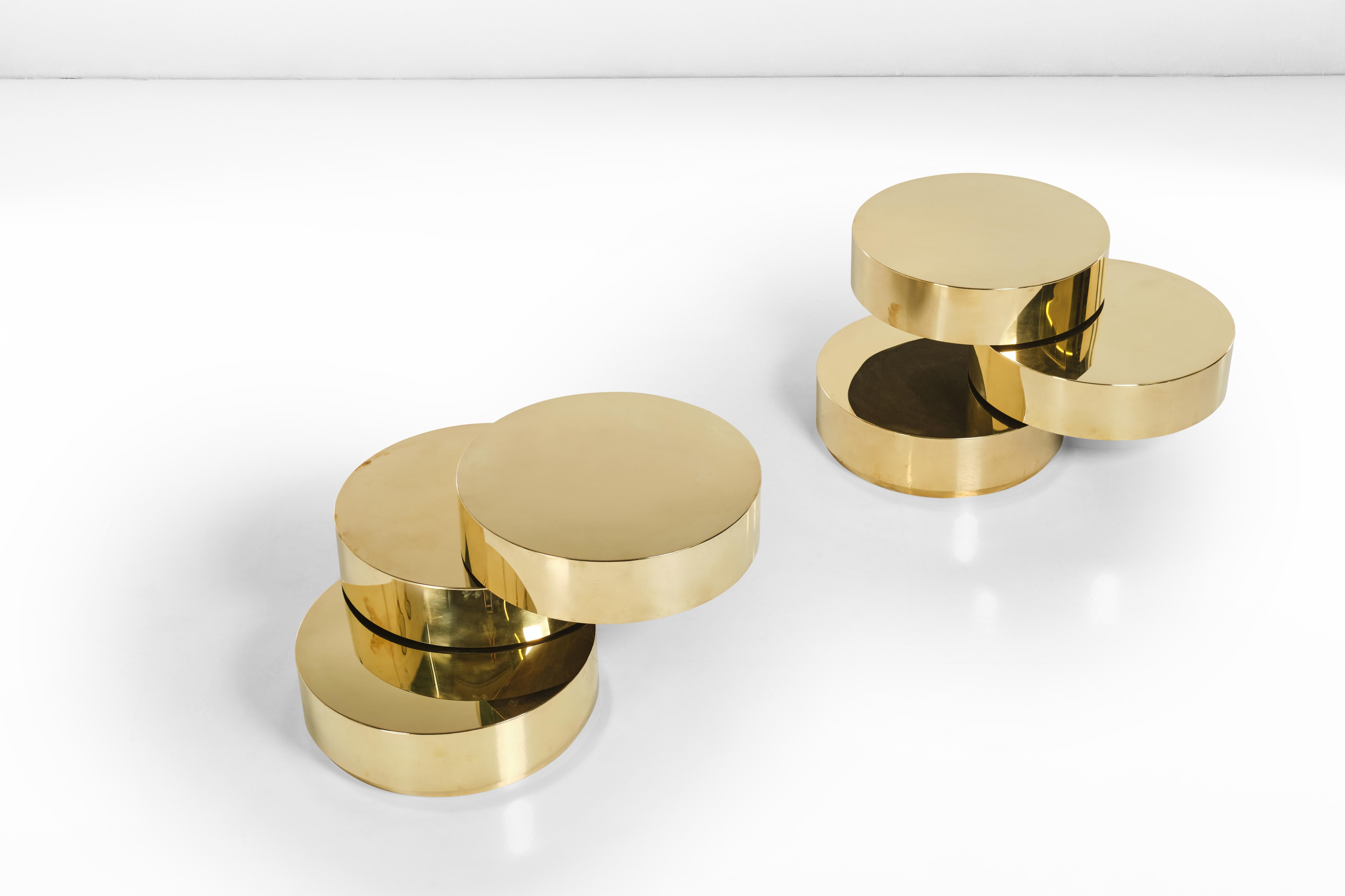 Metal Two Stunning Brass Low Tables with Mobile Tops, Italian Design, 1980 Circa For Sale