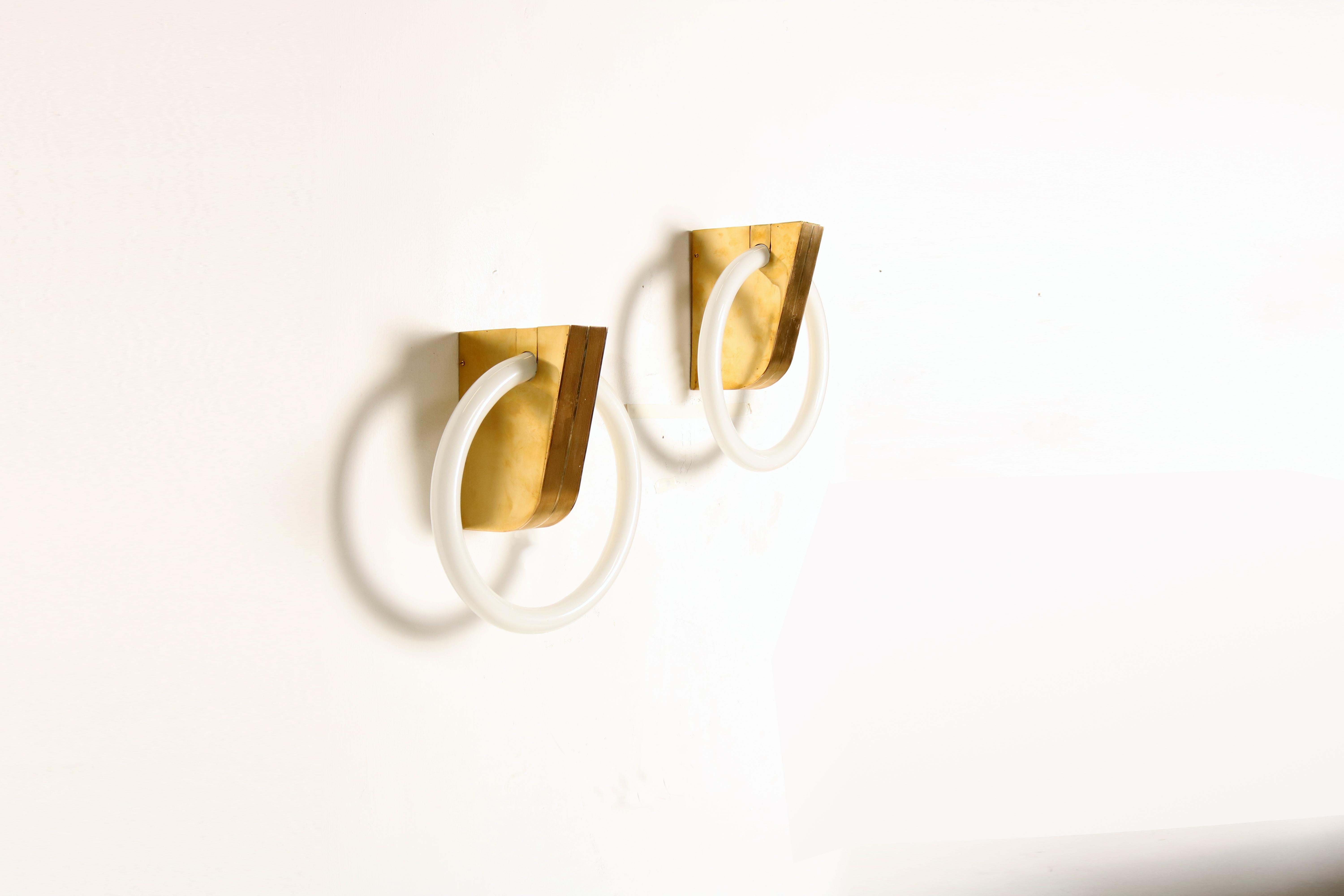 Brass Two stunning brass wall lights with circular neon, Italian Design 1970s For Sale