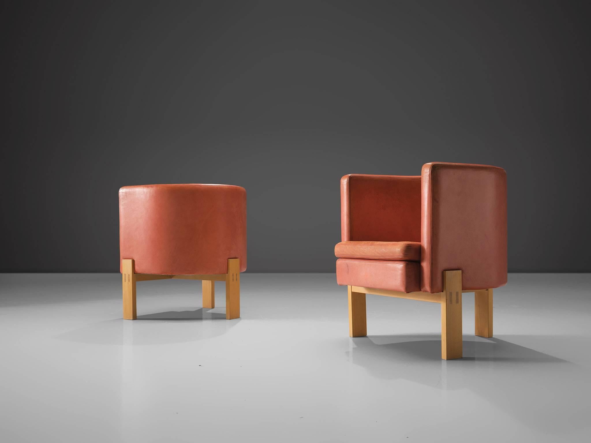 Scandinavian Modern Erik Kalström High Back Coral Leather Chairs