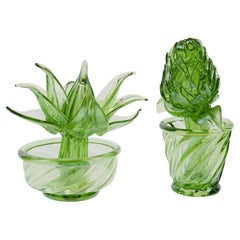 Vintage Two Succulent Plants in Green Murano Glass