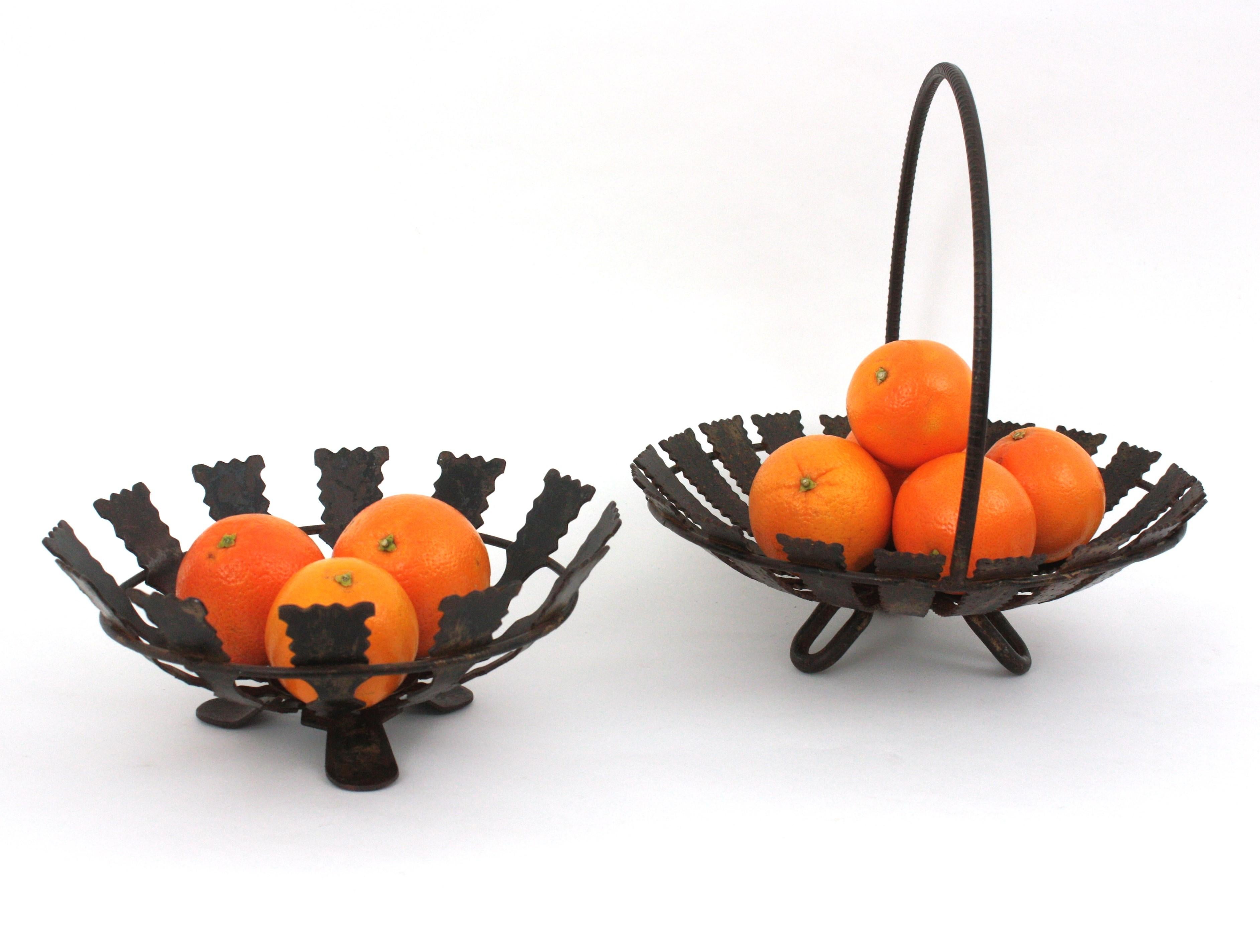Brutalist Two Sunburst Centerpieces / Fruit Bowls, Wrought Iron, 1950s For Sale