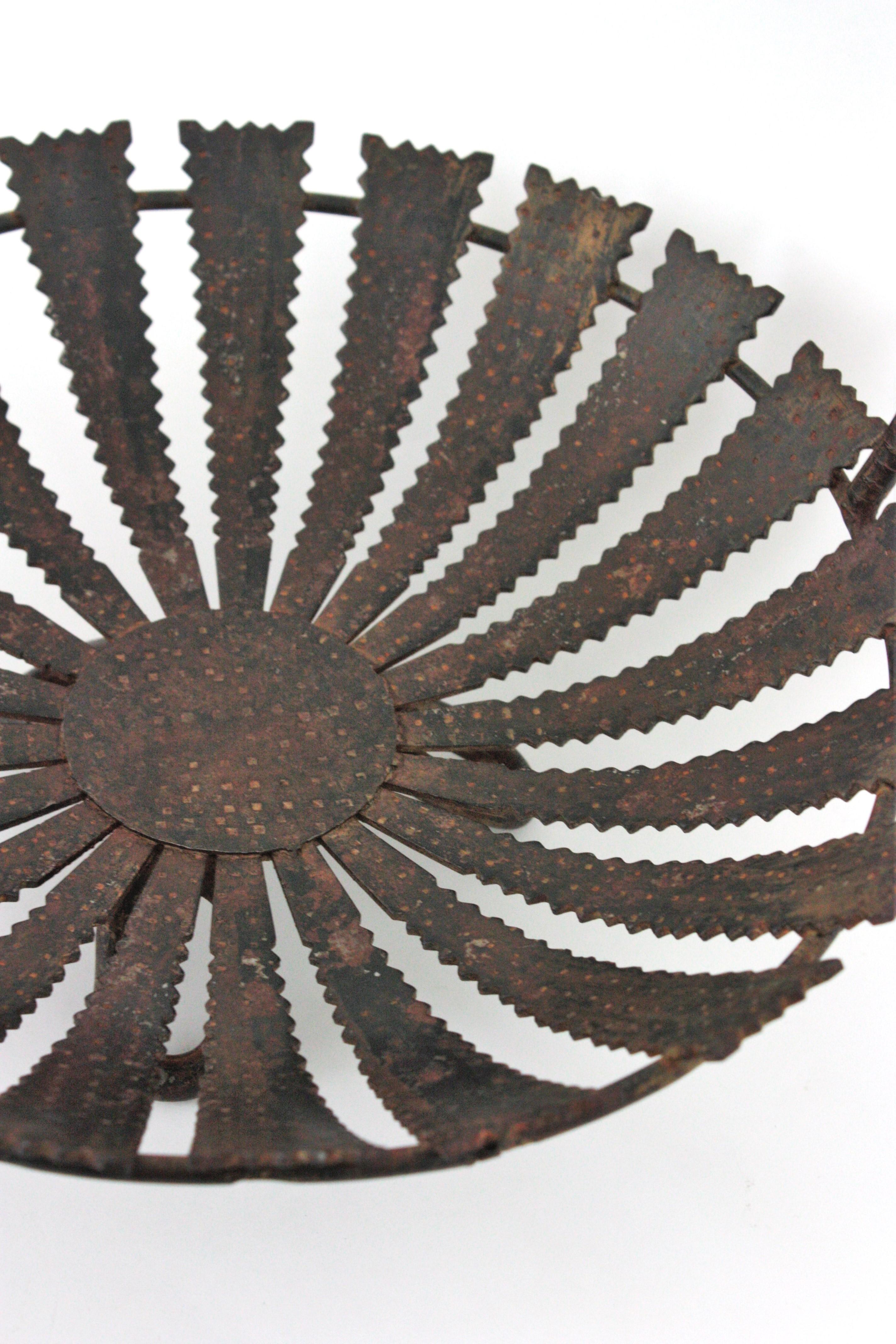Forged Two Sunburst Centerpieces / Fruit Bowls, Wrought Iron, 1950s For Sale