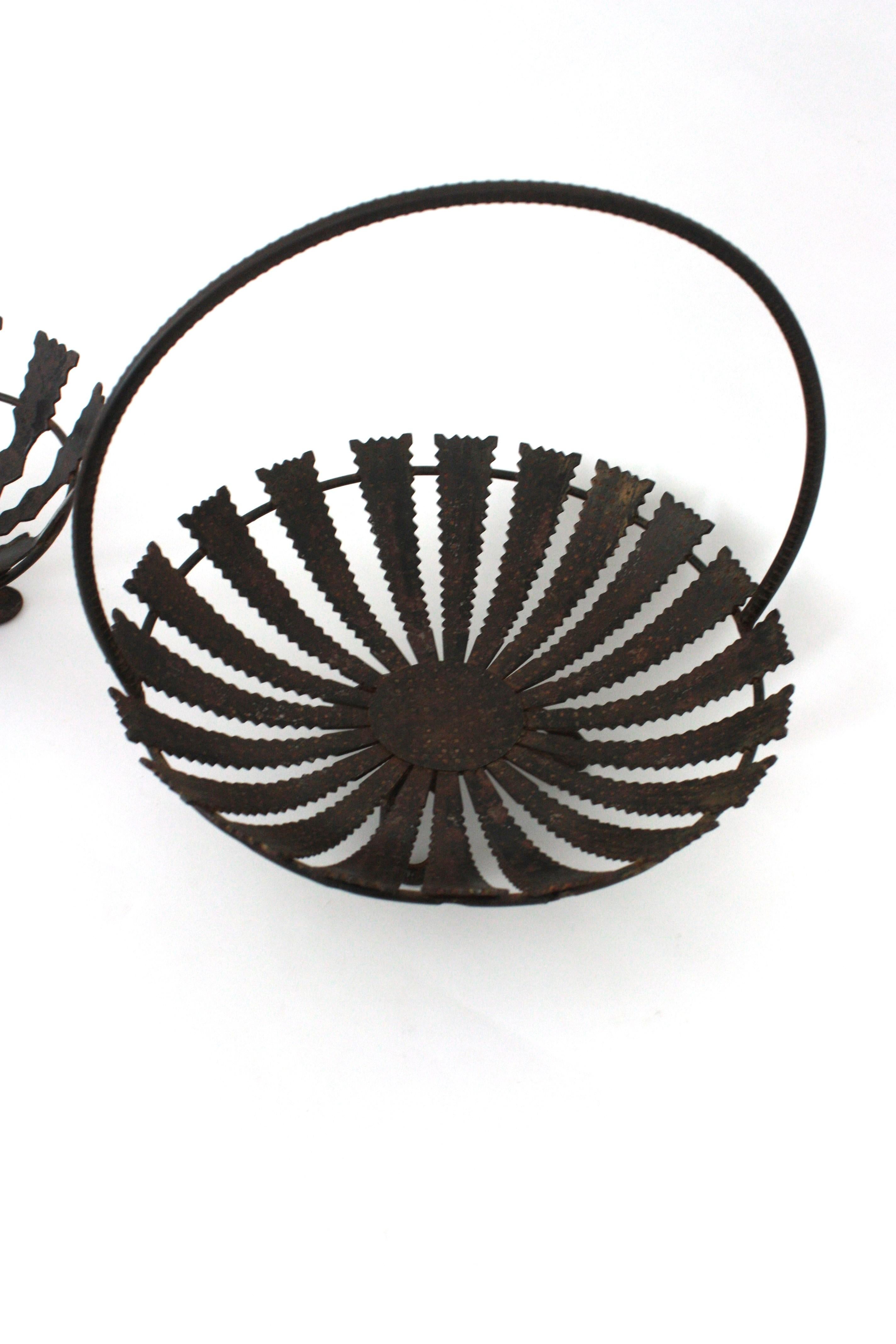 20th Century Two Sunburst Centerpieces / Fruit Bowls, Wrought Iron, 1950s For Sale
