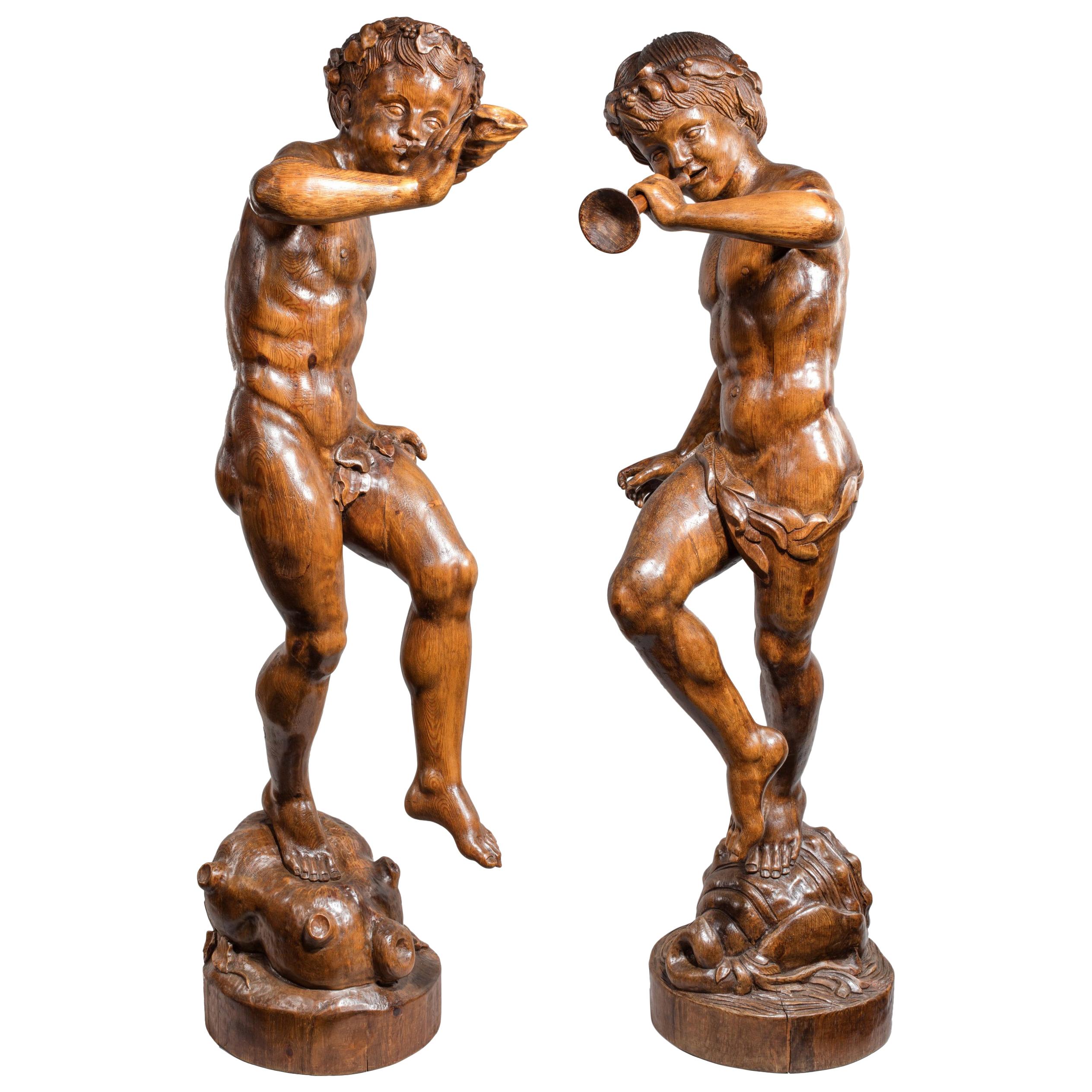 Two Superb Italian Pine Bacchanalian Figures For Sale