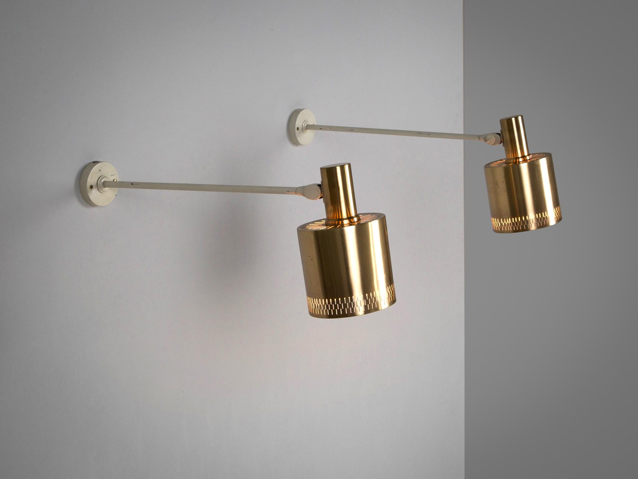 Scandinavian Modern Two Swedish Wall Lamps in White Metal with Brass Shades