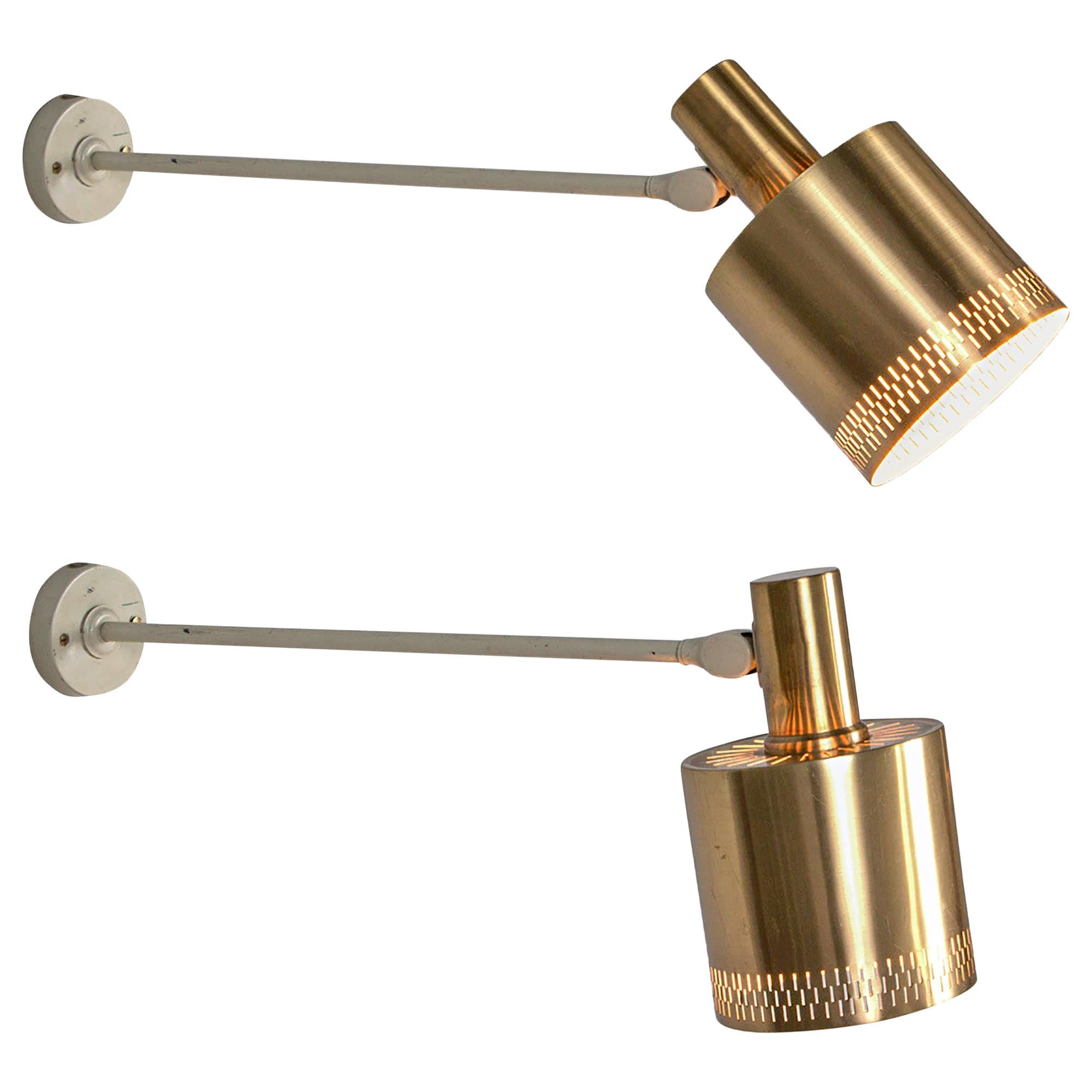 Two Swedish Wall Lamps in White Metal with Brass Shades