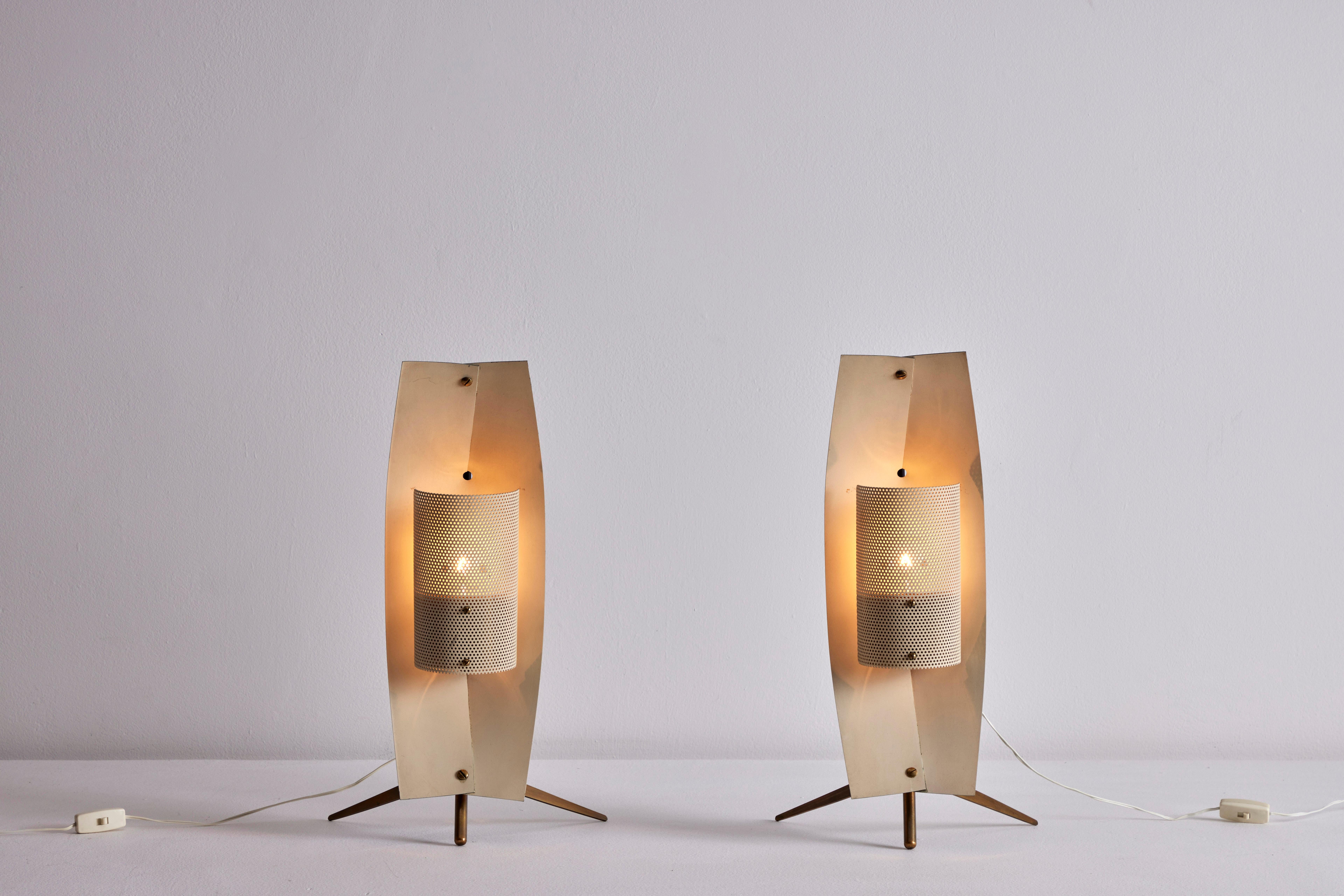 Two table wall/table lamps by Gastone Colliva. Manufactured in Italy, circa 1960's. Painted metal, brass, original European cord. Can be used as table or wall lamps. We recommend one E14 40W maximum bulb per light. Bulbs not included. Priced and
