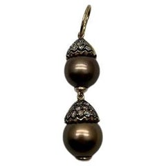 Two Tahitian Black Brown Pearls 18K Yellow Gold Brown Diamond Pave Charm Pendant