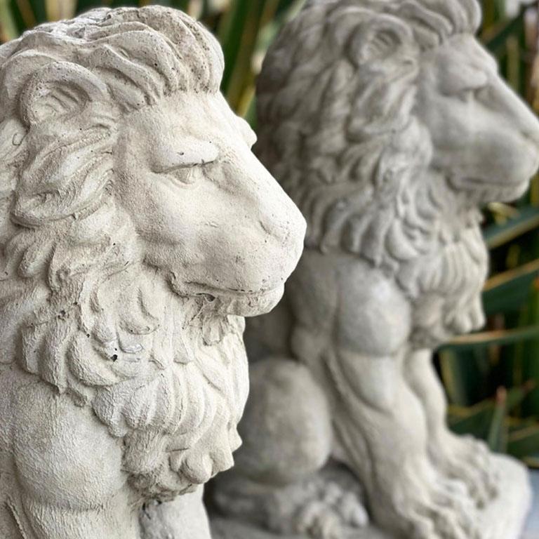 Hollywood Regency Two Tall Architectural Sitting Stone Concrete Lions, a Pair For Sale