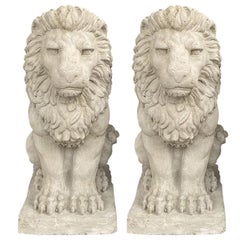Vintage Two Tall Architectural Sitting Stone Concrete Lions, a Pair