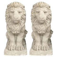 Used Two Tall Architectural Sitting Stone Concrete Lions, a Pair