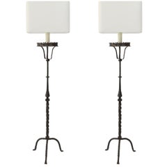 Two Tall Forged Iron Floor Lamps
