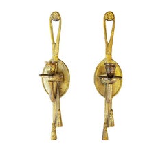 Two Tall Gold Brass Trompe L' Oeil Tassel Motif Candle Wall Sconces, a Pair