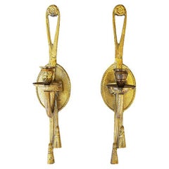 Two Tall Gold Brass Trompe L' Oeil Tassel Motif Candle Wall Sconces, a Pair