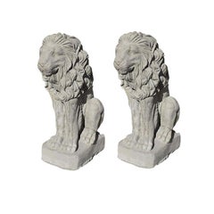 Two Tall Gray Architectural French Sitting Stone Concrete Lions, a Pair