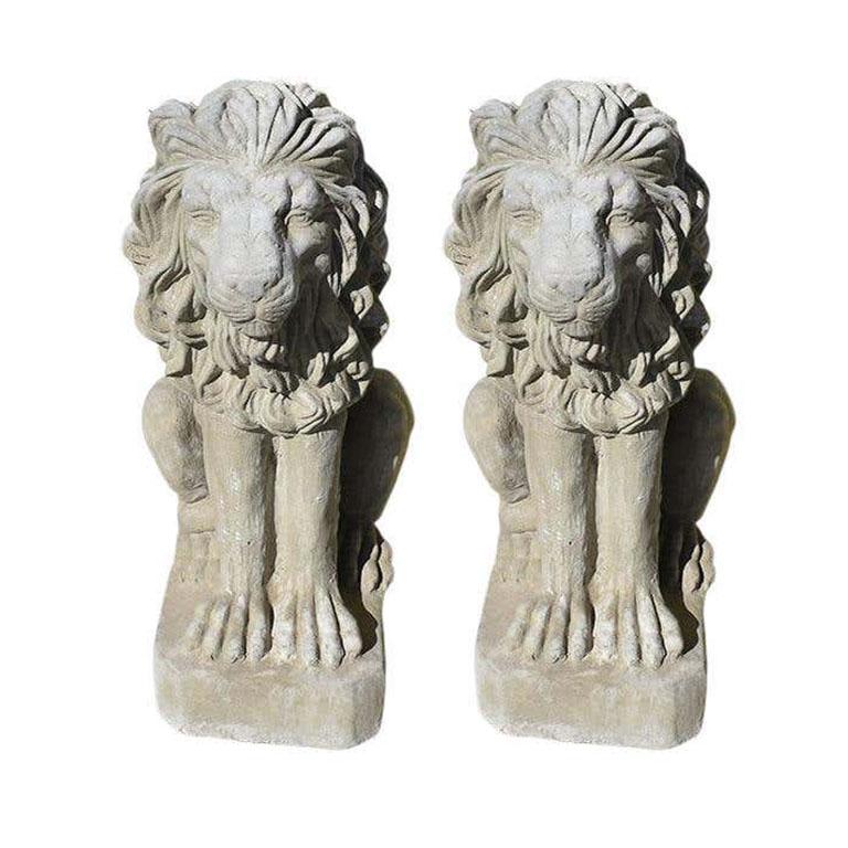 American Two Tall Gray Architectural French Sitting Stone Concrete Lions, a Pair For Sale