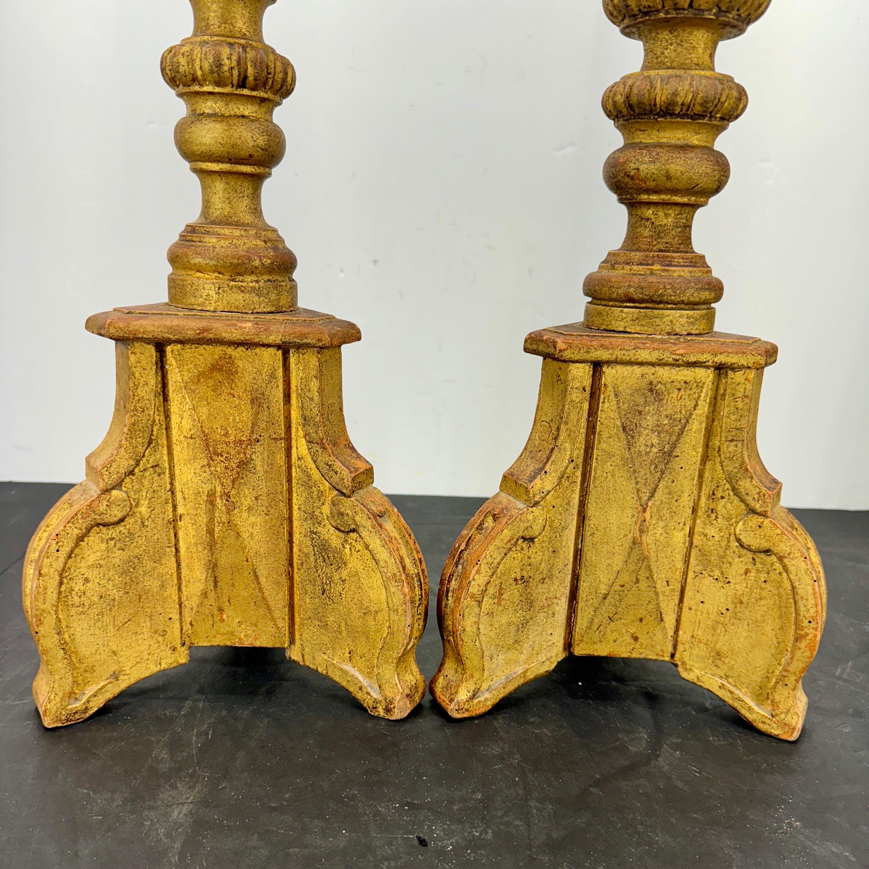 Two Tall Italian Gold Gilded Pricket Alter Candlesticks For Sale 5