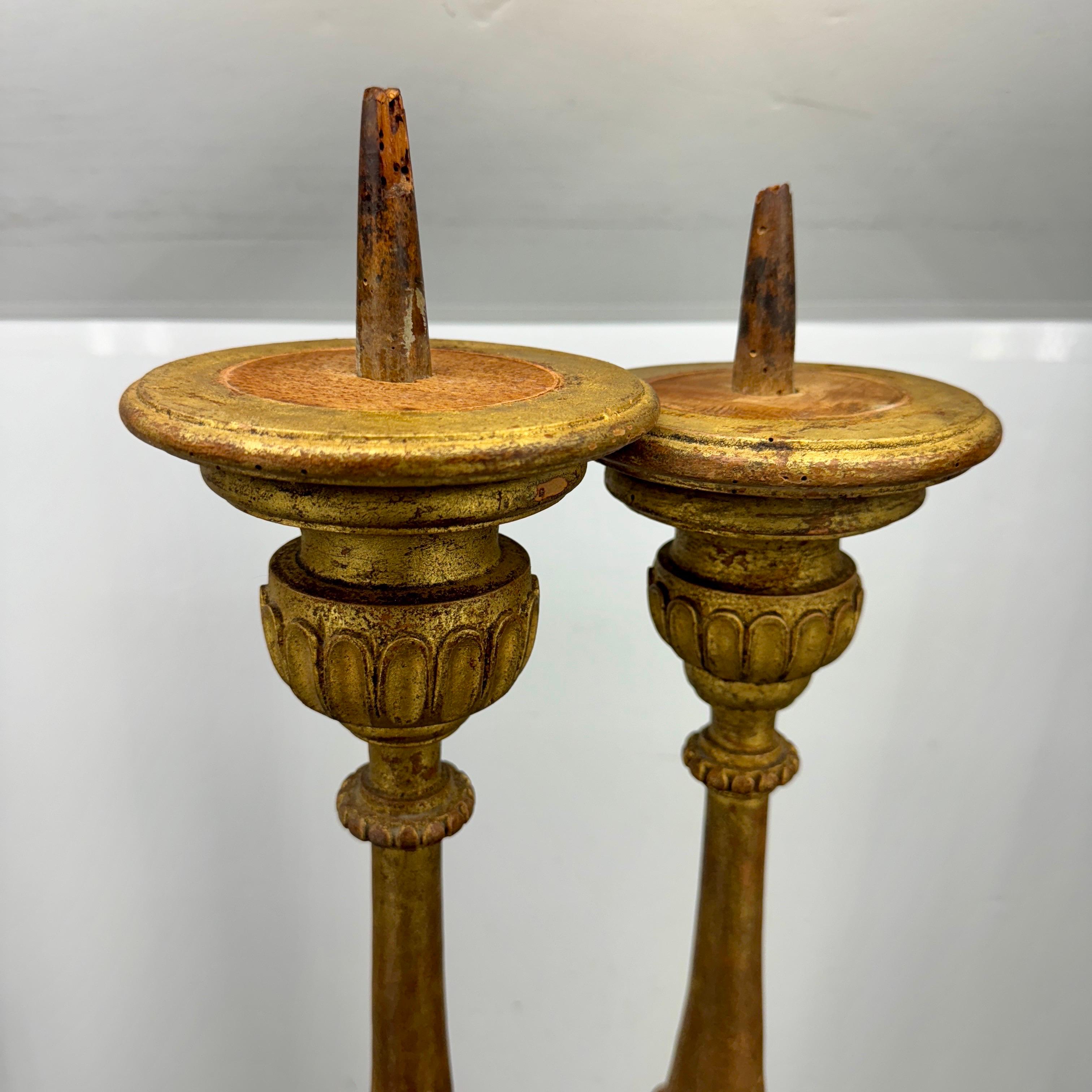 Two Tall Italian Gold Gilded Pricket Alter Candlesticks For Sale 6