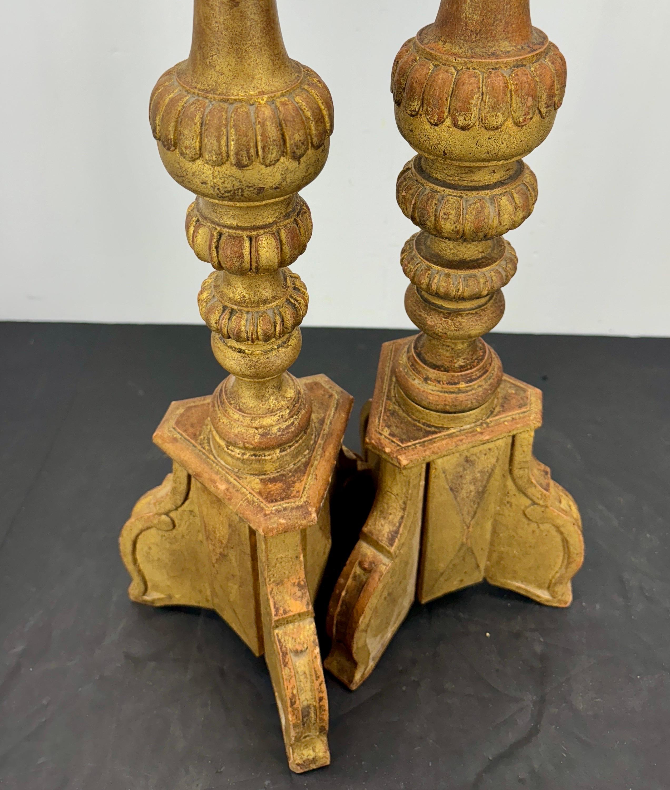 Two Tall Italian Gold Gilded Pricket Alter Candlesticks For Sale 7