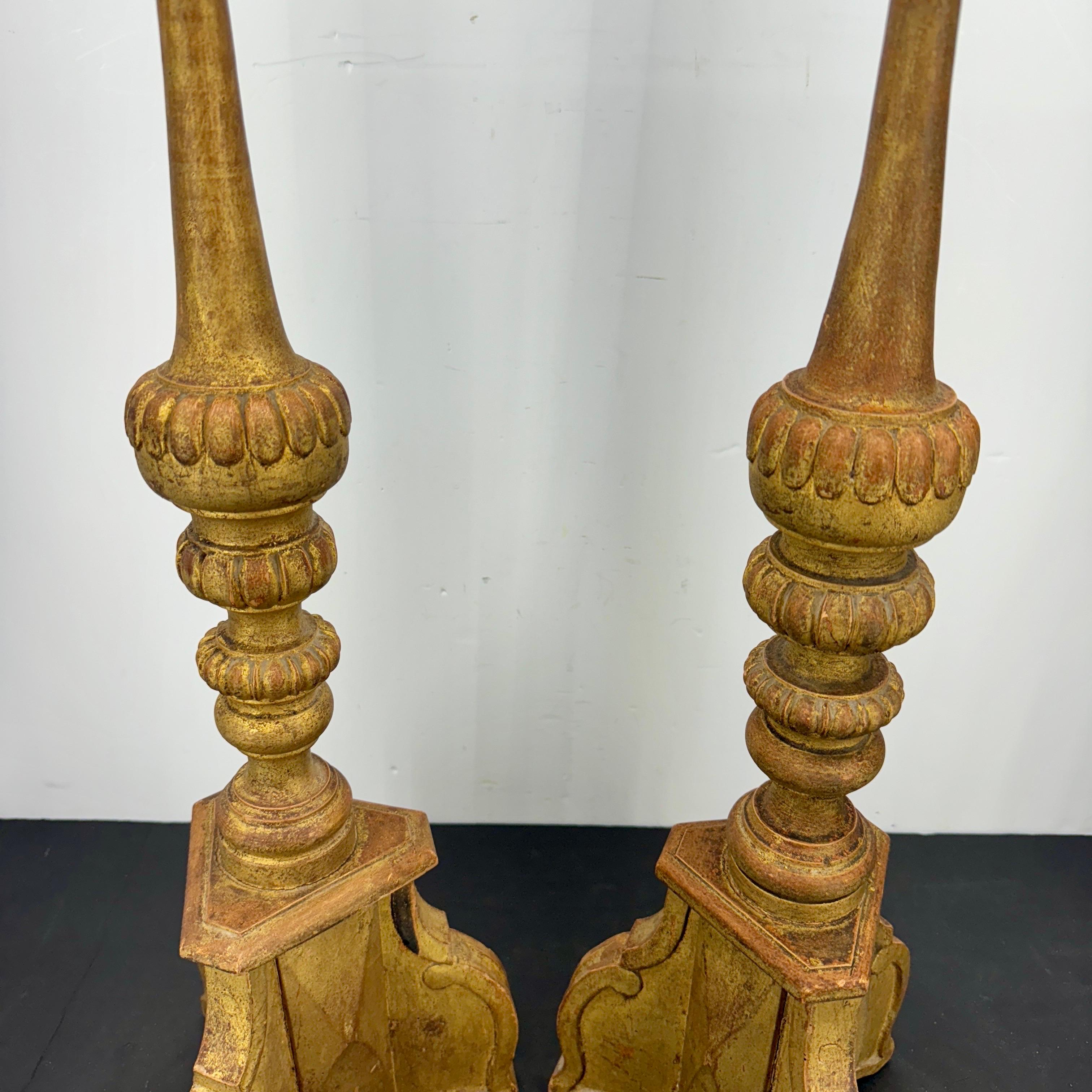 Baroque Two Tall Italian Gold Gilded Pricket Alter Candlesticks For Sale