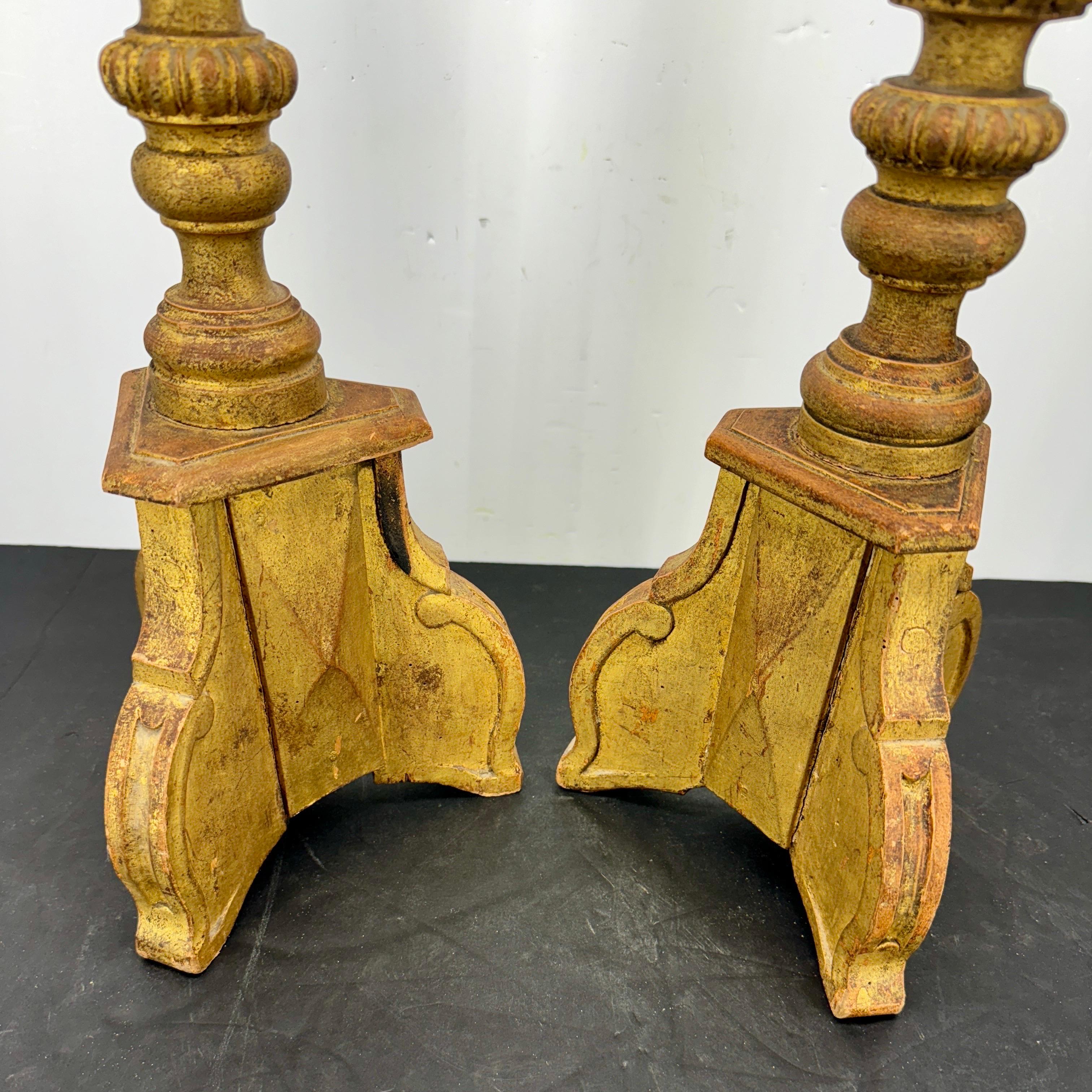 Gilt Two Tall Italian Gold Gilded Pricket Alter Candlesticks For Sale