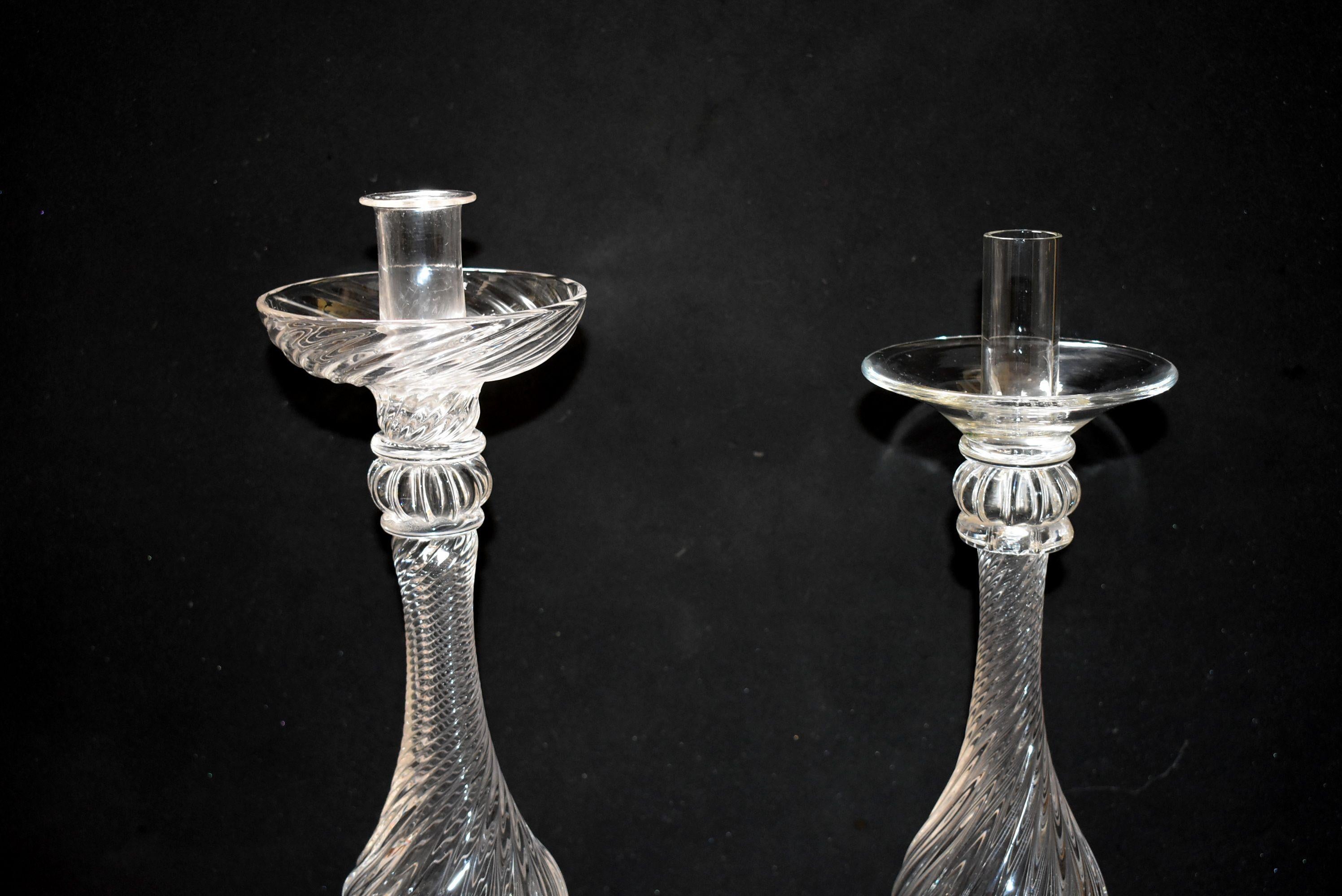 Mid-Century Modern Two Tall Signed Seguso Handblown Glass Candlesticks For Sale
