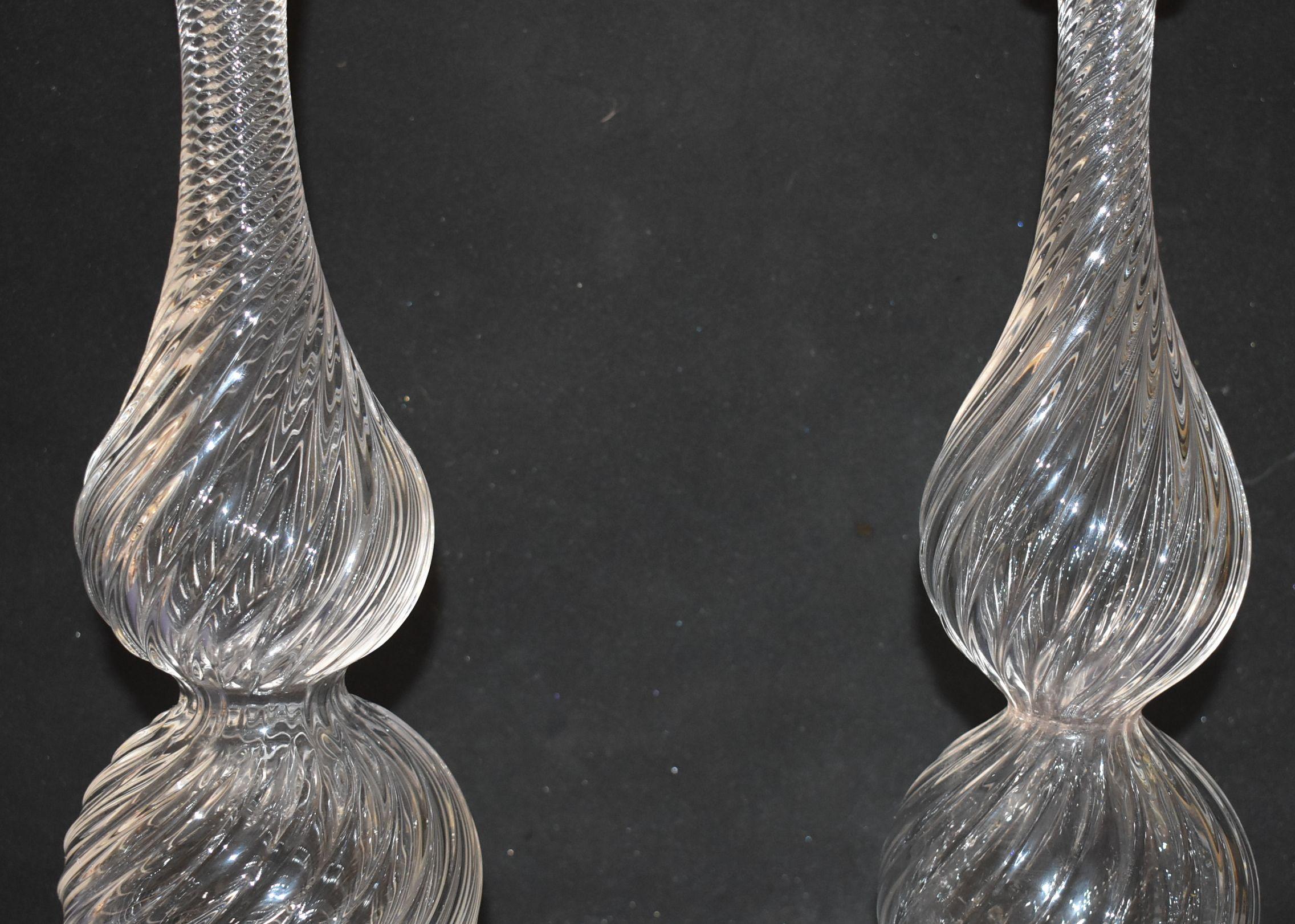 Italian Two Tall Signed Seguso Handblown Glass Candlesticks For Sale