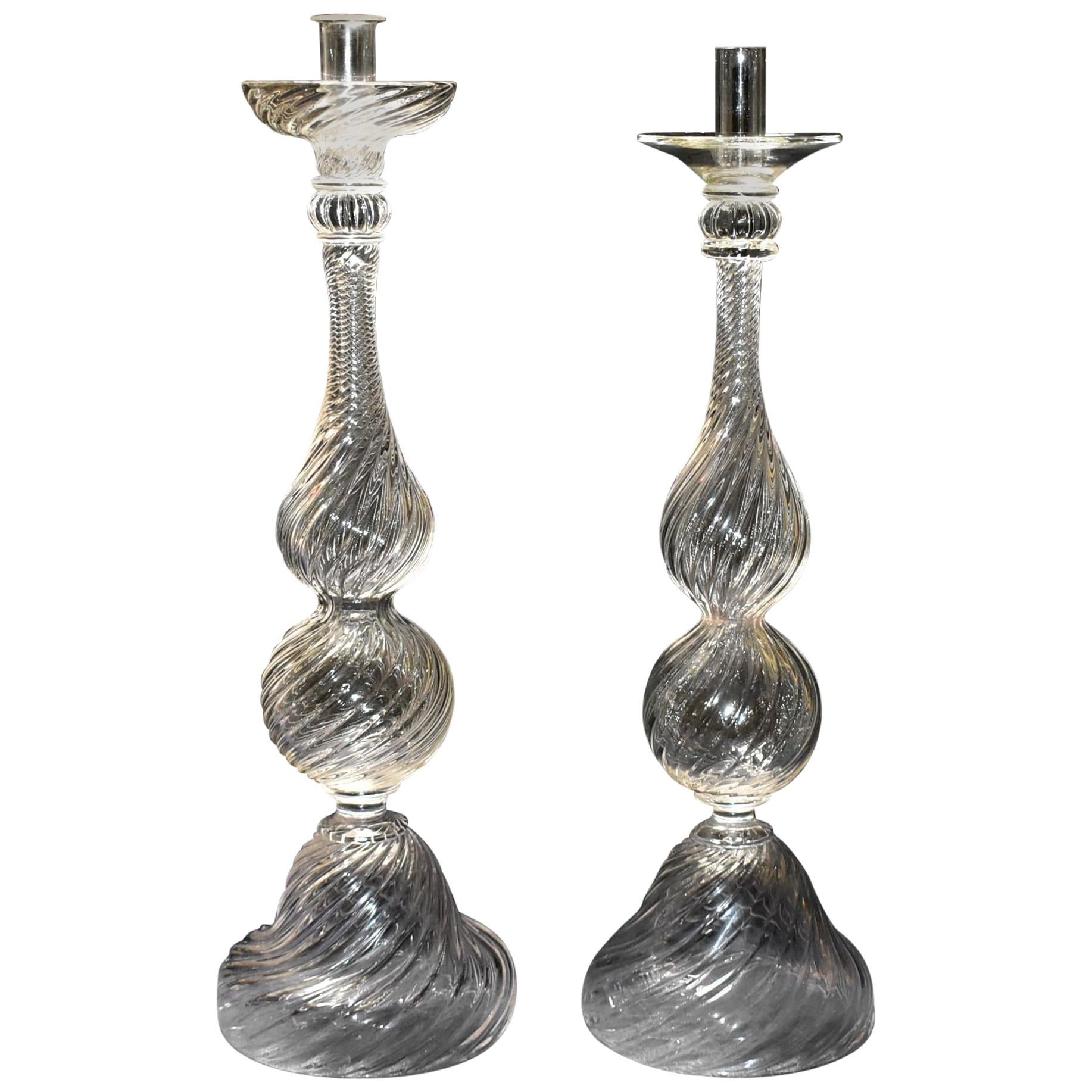 Two Tall Signed Seguso Handblown Glass Candlesticks For Sale