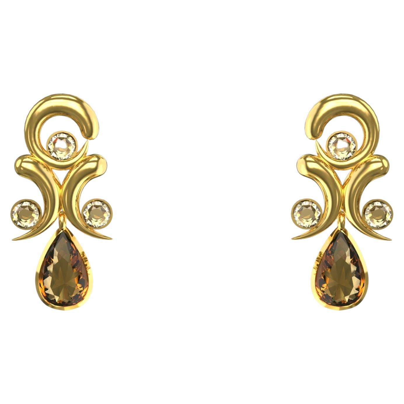 Two Talon Stud Drops in 18K Gold with Citrine and Diamond For Sale