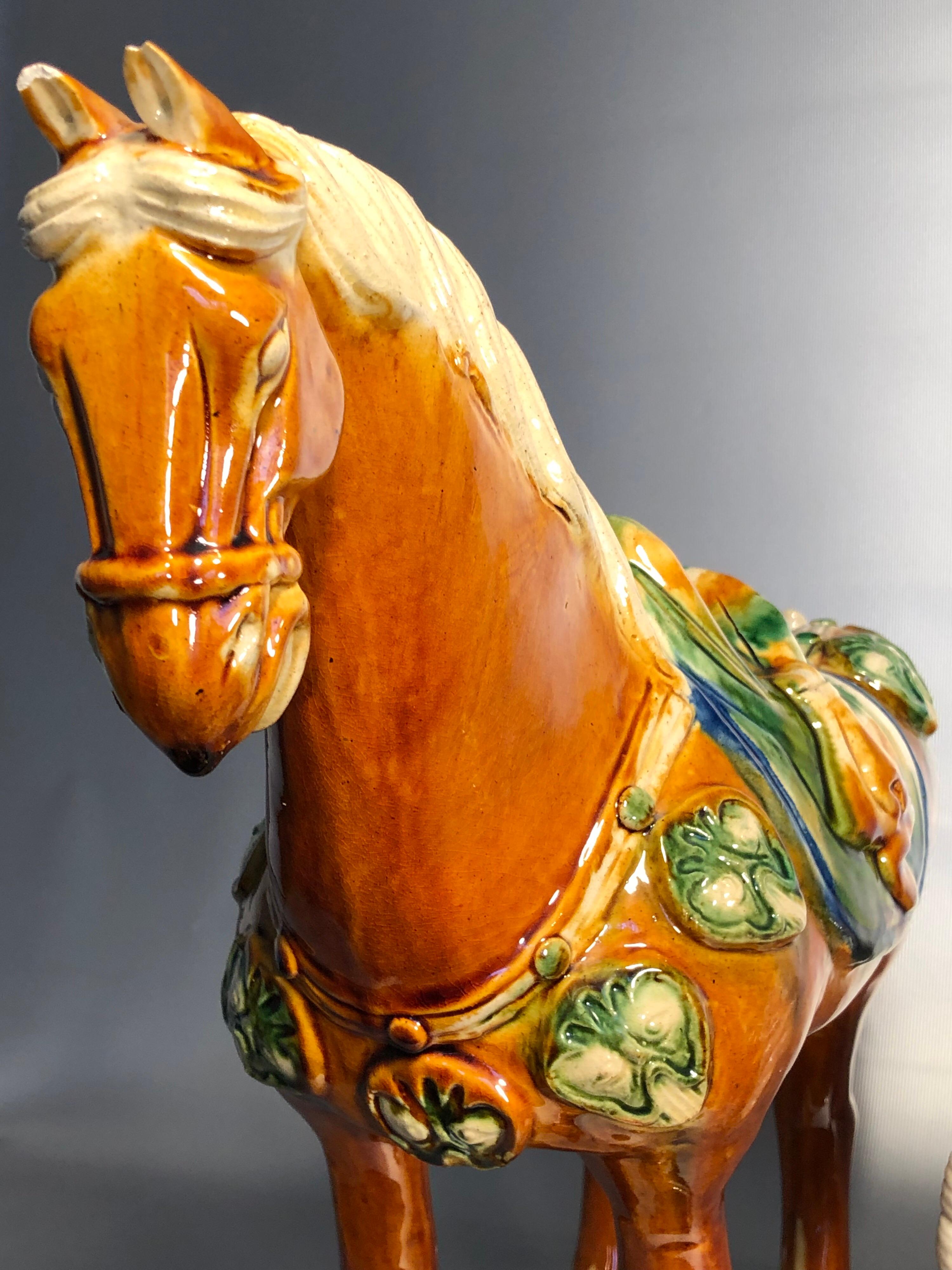 Hand-Crafted Two Tang Sancai Glazed Ceramic Horses, Stamped